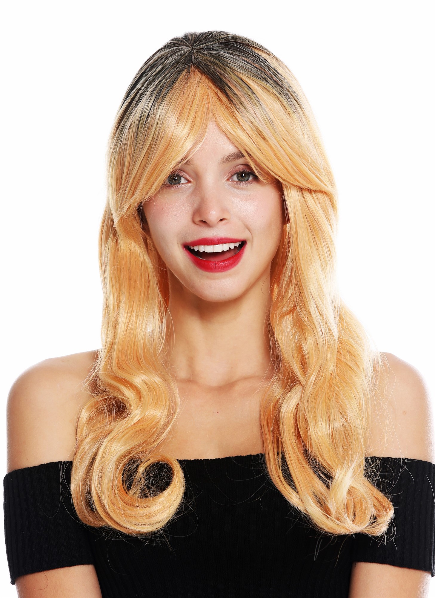 Women's wig long wavy fringe ombre black copper blonde GF-W2646, front view, WIG ME UP: Your Perücken Online Shop Quality Wigs, Ladies, blonde-black mix, wavy, long