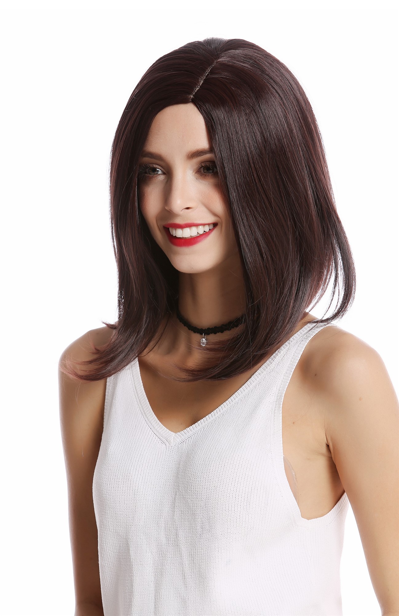 hochwertige Qualitätsperücken, Perücke Longbob kurz glatt Mahagoni Braun YZF-4358-2/33, Vorderansicht, WIG ME UP: Ihr Perücken Online Shop glatte Tressen-Perücke mit Kopfhaut-Imitat Schwarzbraun-Mahagonibraun-Mix schulterlange Haare für Damen