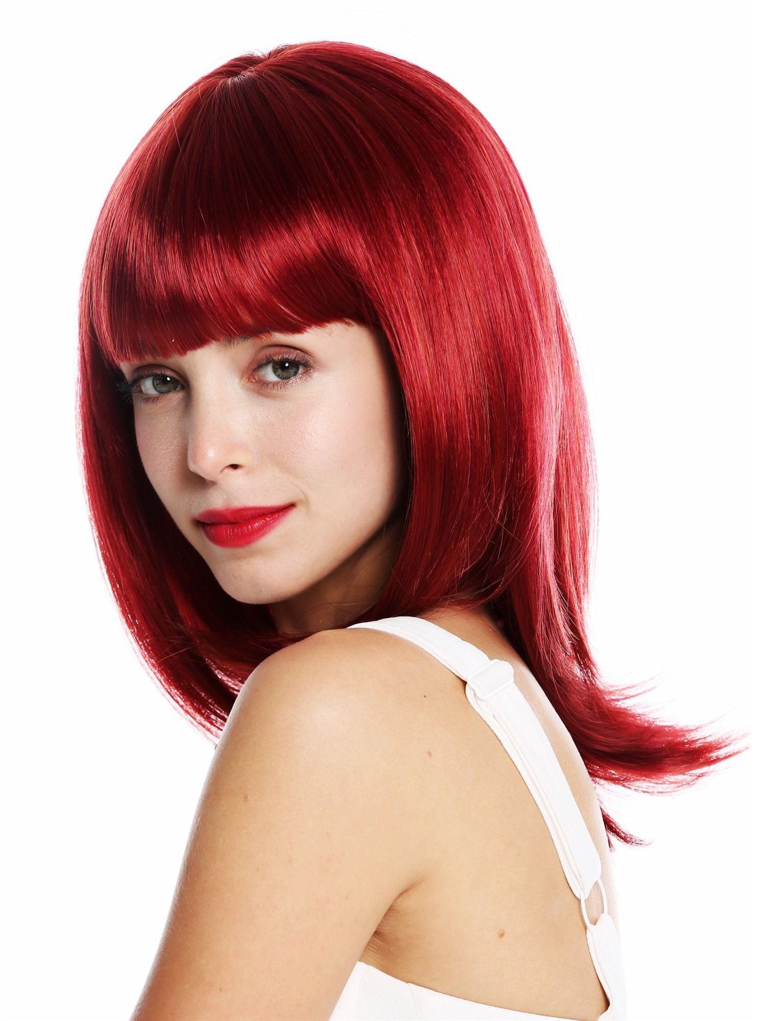 Women's wig shoulder length sleek straight longbob bangs fringe bright red VK-49, view 3, WIG ME UP: Your Perücken Online Shop Quality Wigs, Ladies, garnet red, straight, shoulder-length