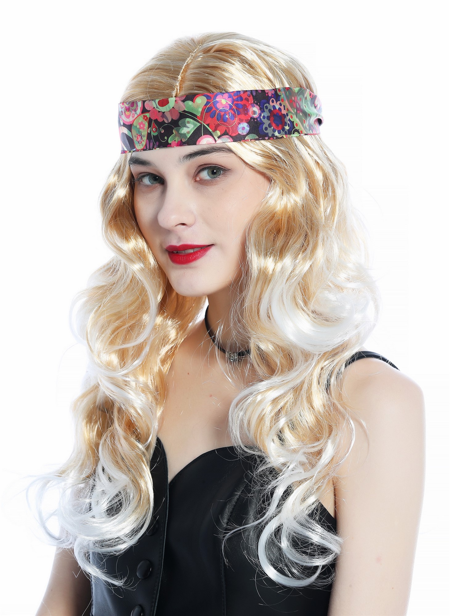 Wig Ladies women headband long blond platinum streaked mix Hippie 70s CW-029, front view, WIG ME UP: Your Perücken Online Shop Party Wig, Ladies, Golden blonde with white blonde tips, wavy, long