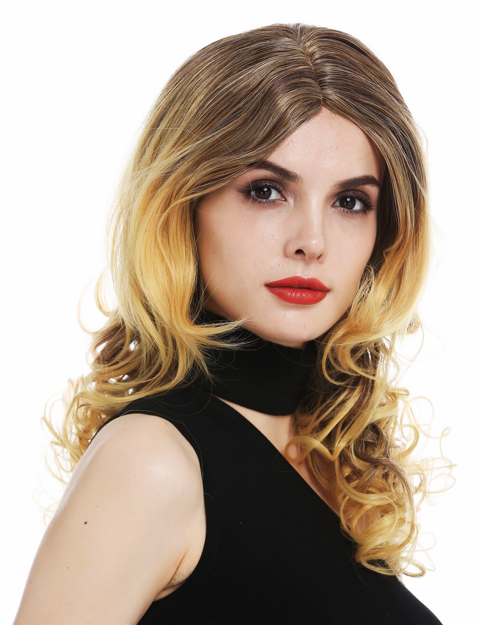 hochwertige Qualitätsperücken, Perücke lang gewellt Mittelscheitel Balayage Braun Blond Mix CM-378-99JT144/613, Vorderansicht, WIG ME UP: Ihr Perücken Online Shop lockige Tressen-Perücke mit Kopfhaut-Imitat Braun-Blond-Mix schulterlange Haare für Damen