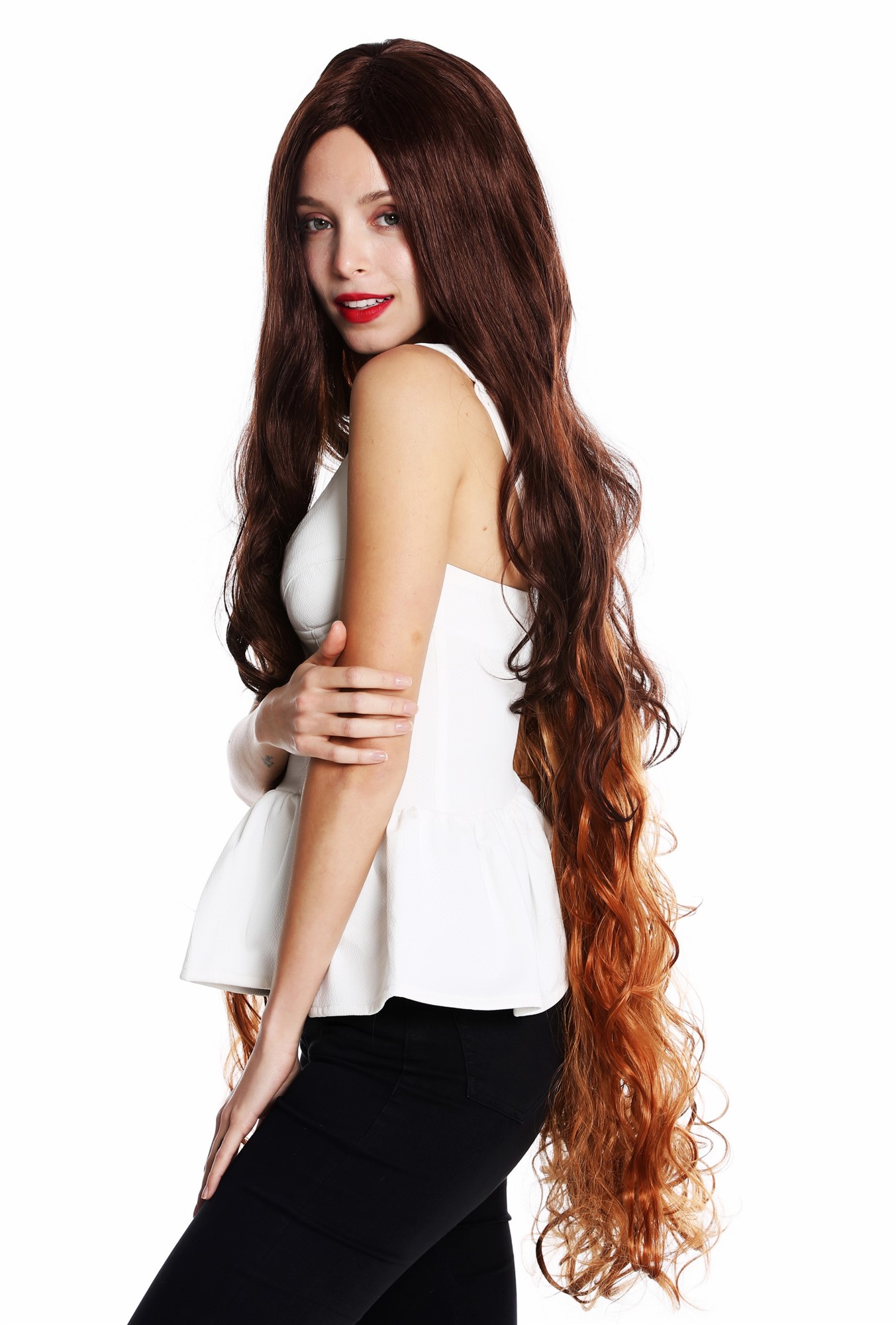 hochwertige Qualitätsperücken, Perücke extrem lang leicht gelockt Rapunzel Mahagoni Kupfer VK-40-G31/30C/27C, Ansicht 3, WIG ME UP: Ihr Perücken Online Shop lockige Tressen-Perücke mit Kopfhaut-Imitat Braun-Blond-Mix sehr lange Haare für Damen