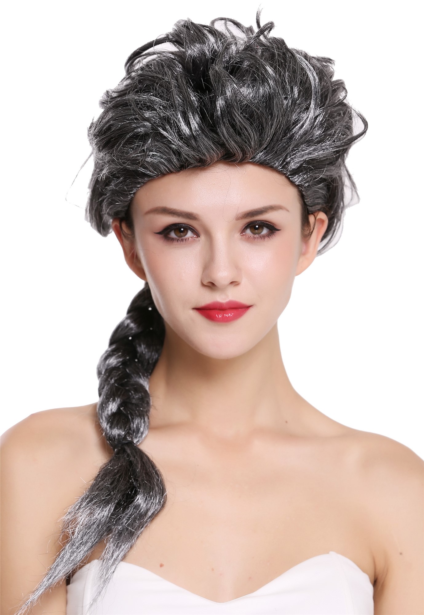 Baroque Lady Party Wig black white mix streaked long braided ponytail 051, front view, WIG ME UP: Your Perücken Online Shop Party Wig, Ladies, Grey, Braided, long