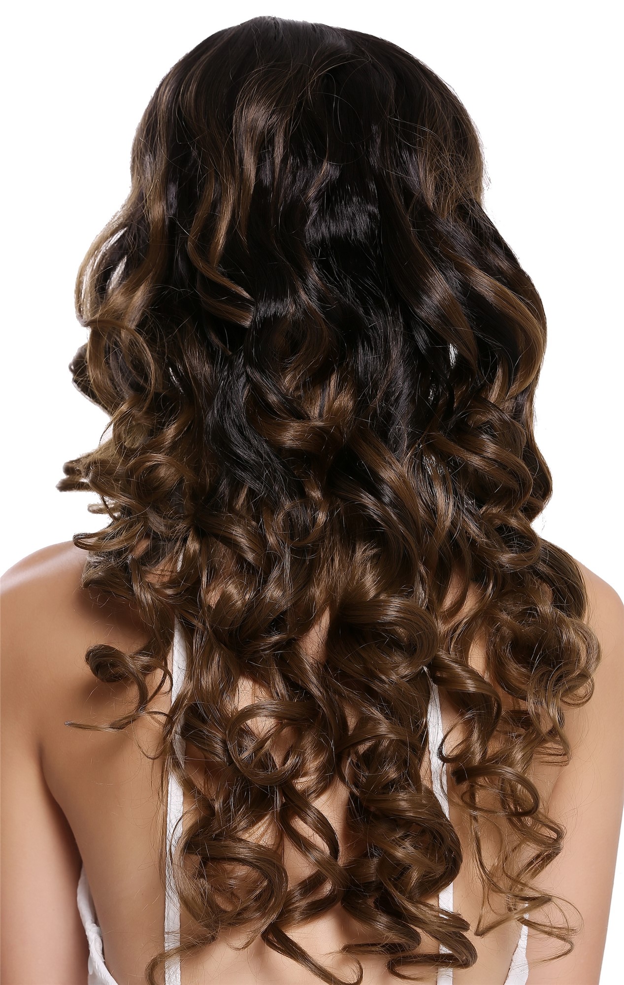 hochwertige Qualitätsperücken, Perücke Locken Lang Schwarz Braun Ombre Mix ZM-1699-M6PR1B, Ansicht 3, WIG ME UP: Ihr Perücken Online Shop lockige Tressen-Perücke mit Kopfhaut-Imitat Schwarz Braun Ombre Mix lange Haare für Damen
