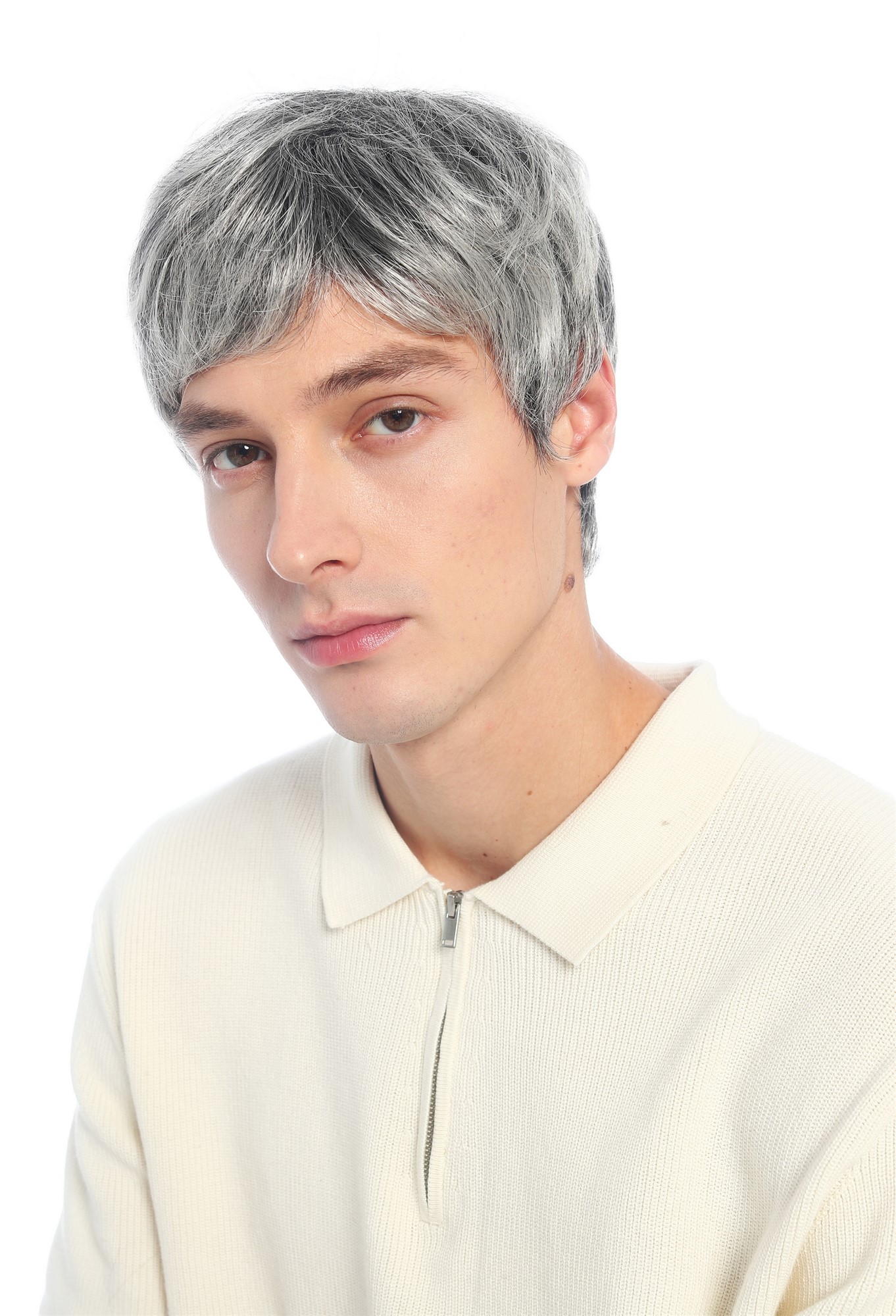 Perücke Damen Herren unisex kurz leicht gewellt dunkelgrau grau meliert VK-66-4T60