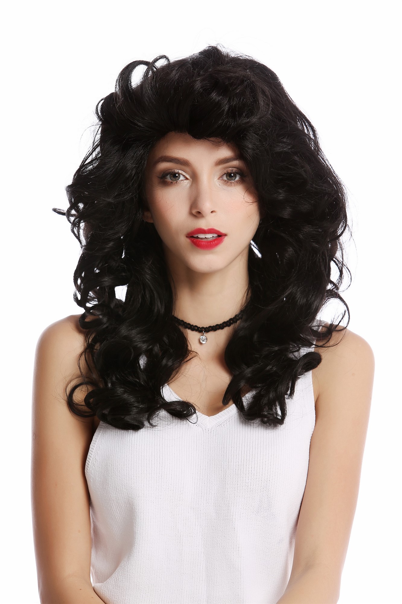 hochwertige Qualitätsperücken, Perücke Diva 80er Wellig Schwarz WL-3010-1B, Ansicht 2, WIG ME UP: Ihr Perücken Online Shop wellige Tressen-Perücke Samtschwarz lange Haare für Damen