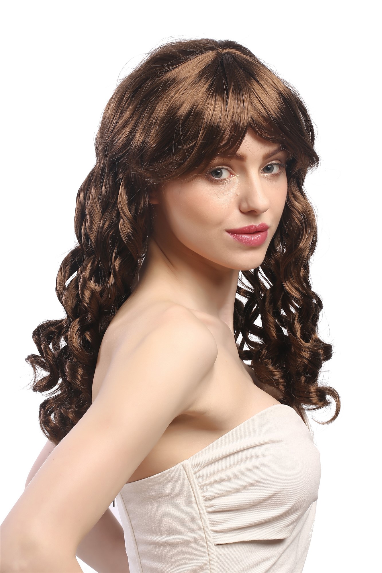 günstige Party Perücke, Perücke Korkenzieher-Locken Braun XR-007-P6, Ansicht 4, WIG ME UP: Ihr Perücken Online Shop lockige Party Perücke Mittelbraun lange Haare für Damen