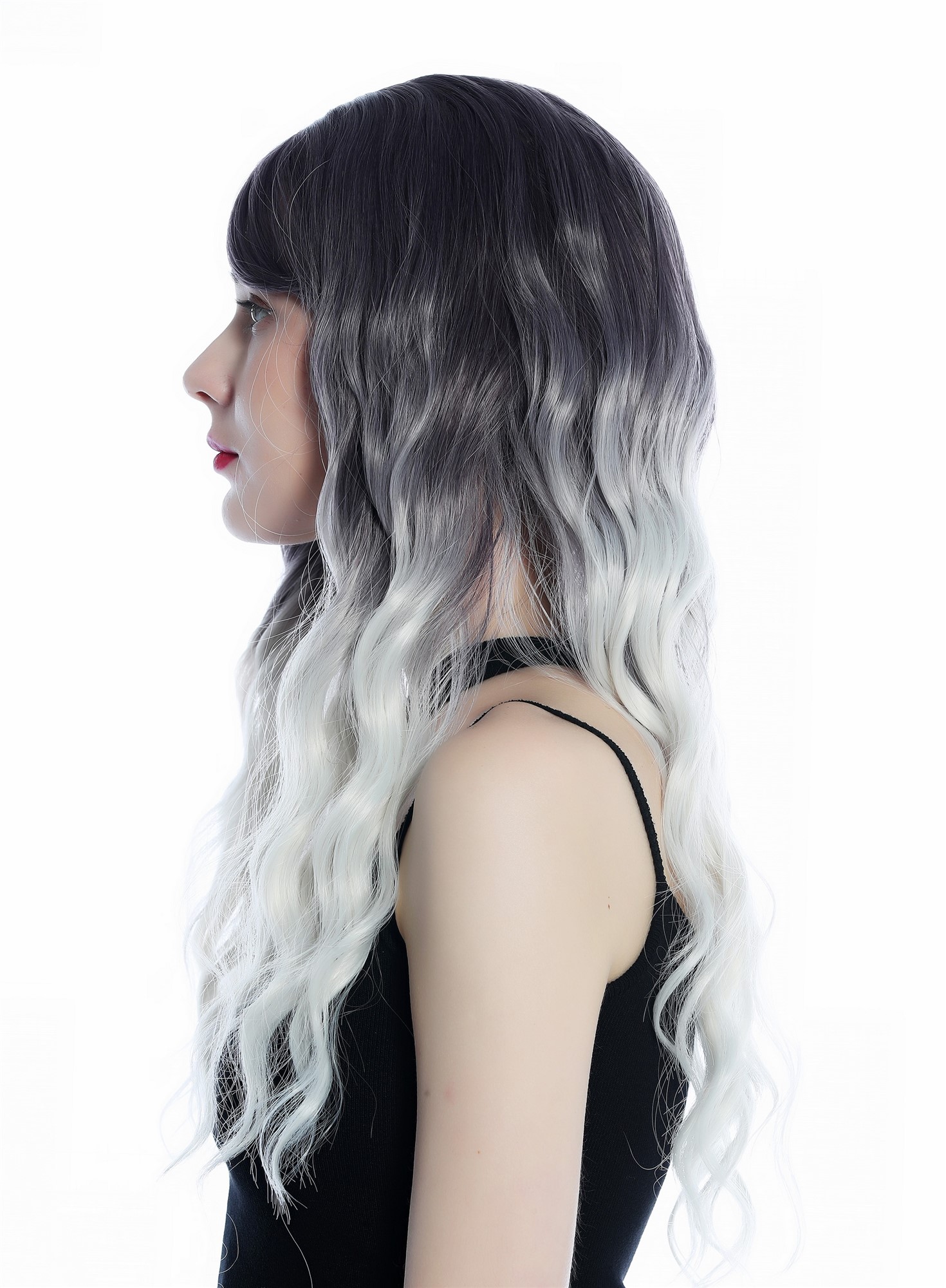 hochwertige Qualitätsperücken, Perücke lang stark gewellt Ombre dunkles Violett silbriges Blond SZL0816B-T-005, Ansicht 4, WIG ME UP: Ihr Perücken Online Shop wellige Tressen-Perücke mit Kopfhaut-Imitat Grauviolett-Silberblond-Verlauf lange Haare für Damen