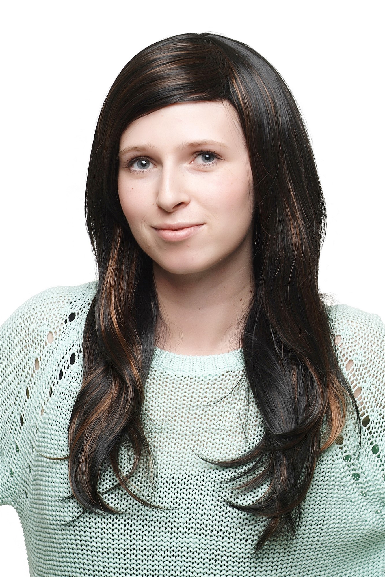 Lady  Wig long mixed dark brown with reddish light brown straight with slight wave, front view, WIG ME UP: Your Perücken Online Shop Quality Wigs, Ladies, black-brown-copper brown, straight, long