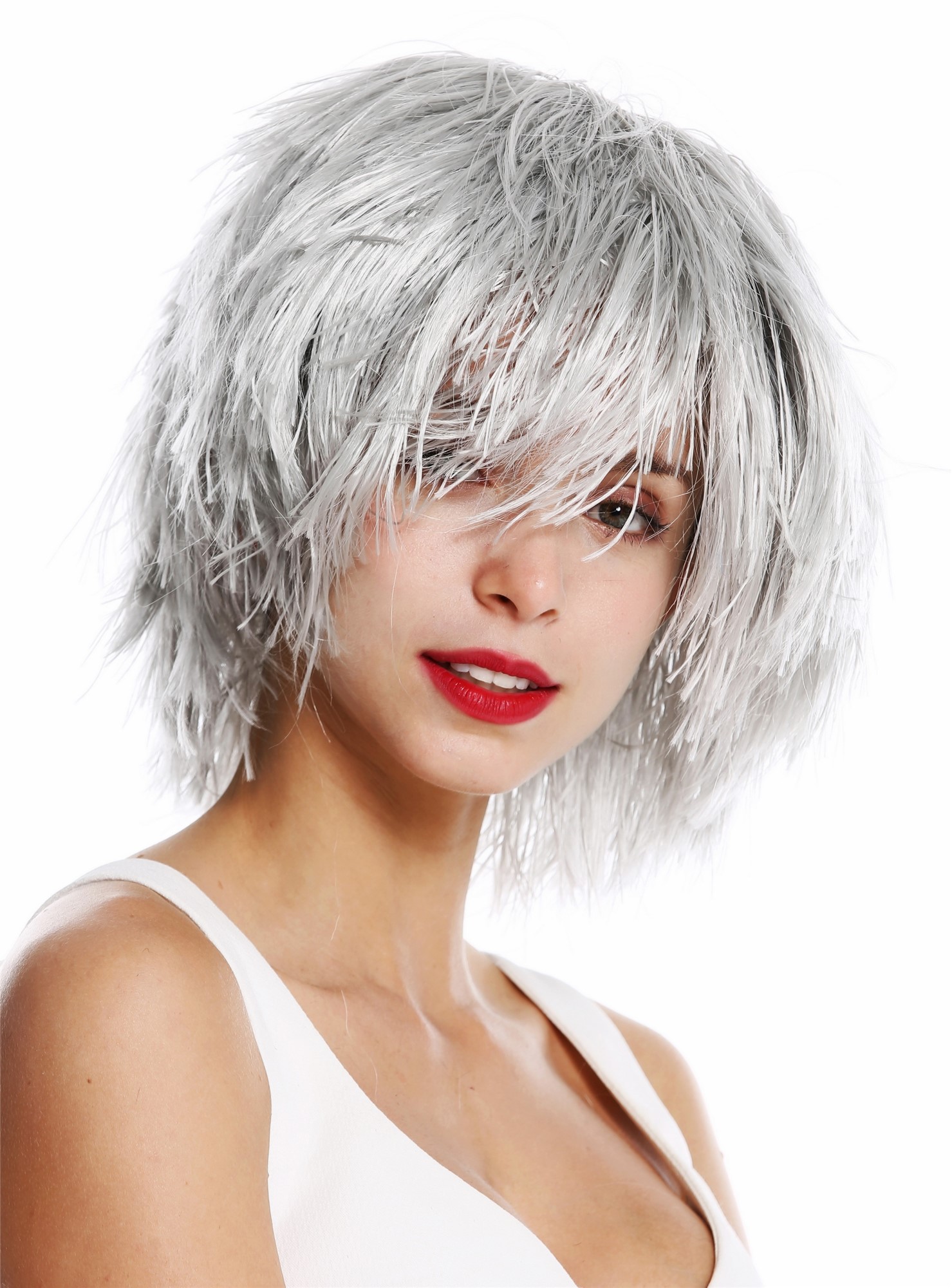 günstige Party Perücke, Perücke Struppig Wild Voluminös Clown Kobold Grau MMSLW-K686, Ansicht 2, WIG ME UP: Ihr Perücken Online Shop wellige Party Perücke Silbergrau kurze Haare Unisex