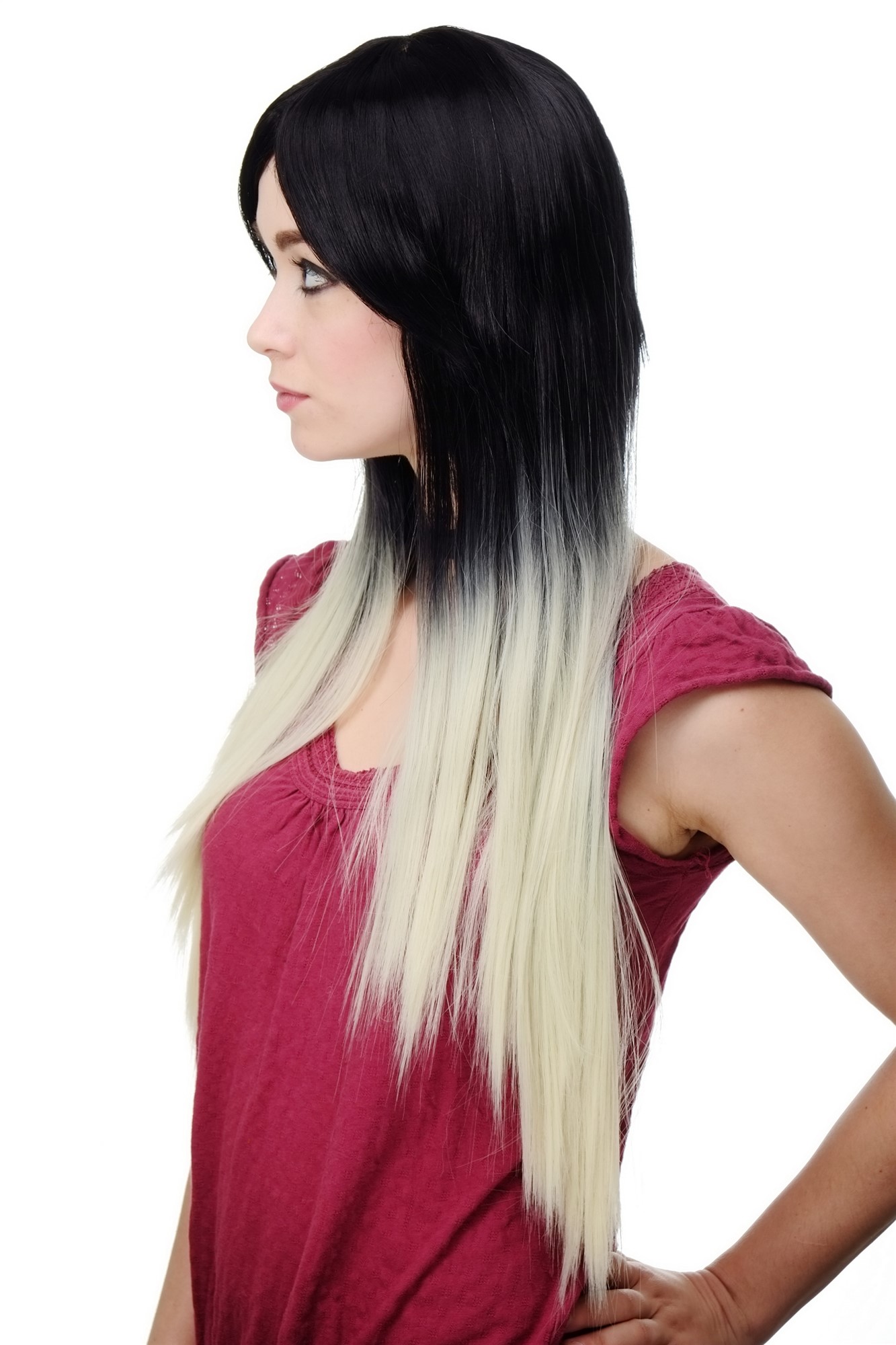 hochwertige Qualitätsperücken, Perücke Ombre Schwarz Platin Glatt Mittelscheitel H9701-2F613, Ansicht 2, WIG ME UP: Ihr Perücken Online Shop glatte Tressen-Perücke mit Kopfhaut-Imitat Schwarz-Platinblond sehr lange Haare für Damen