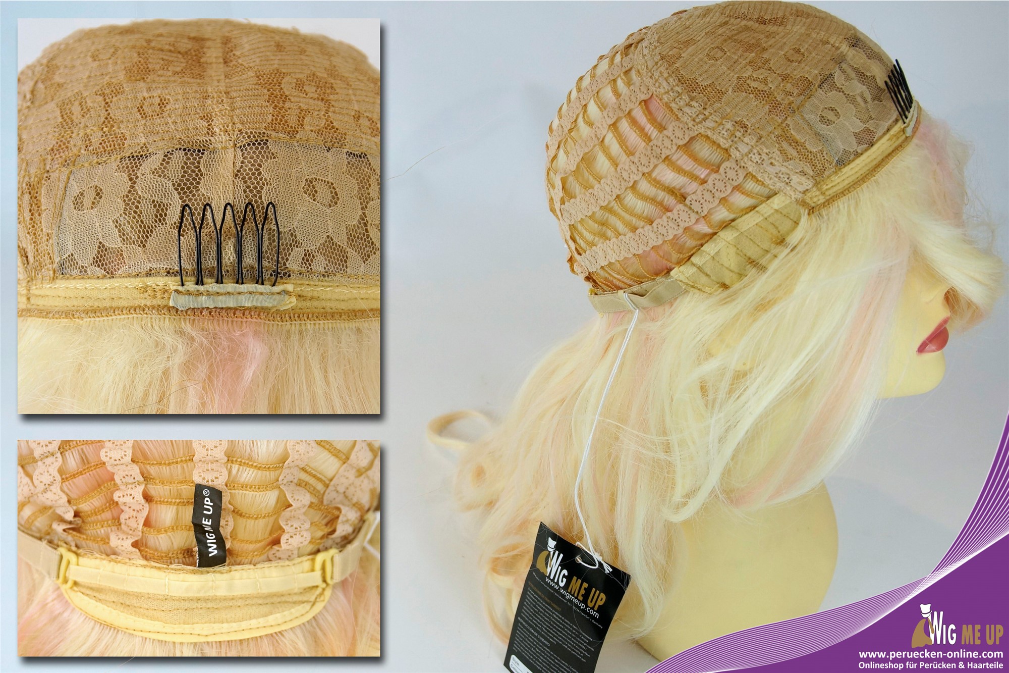 hochwertige Qualitätsperücken, Perücke lang geflochten Platin Blond Rosa WL-5013TP-613FT2333, Ansicht 8, WIG ME UP: Ihr Perücken Online Shop geflochtene Tressen-Perücke mit Kopfhaut-Imitat Blond-Rosa-Mix lange Haare für Damen
