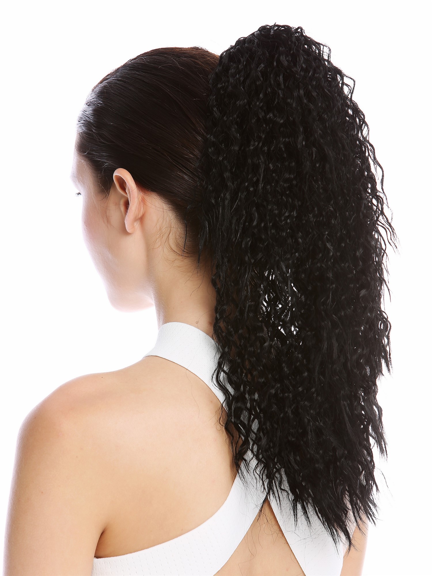 hochwertiger Zopf Pferdeschwanz Voluminös Lockig Krepplocken Schwarz N609-V-1, Vorderansicht, WIG ME UP: Ihr Perücken Online Shop glattes Zopf-Haarteil Schwarz 45 cm lang