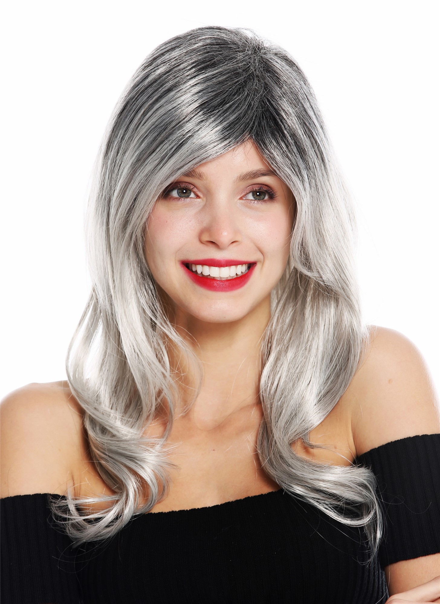 hochwertige Qualitätsperücken, Perücke lang wellig Balayage Schwarz Grau GFW2195-56+1T56, Vorderansicht, WIG ME UP: Ihr Perücken Online Shop wellige Tressen-Perücke Grau-Schwarz-Mix lange Haare für Damen