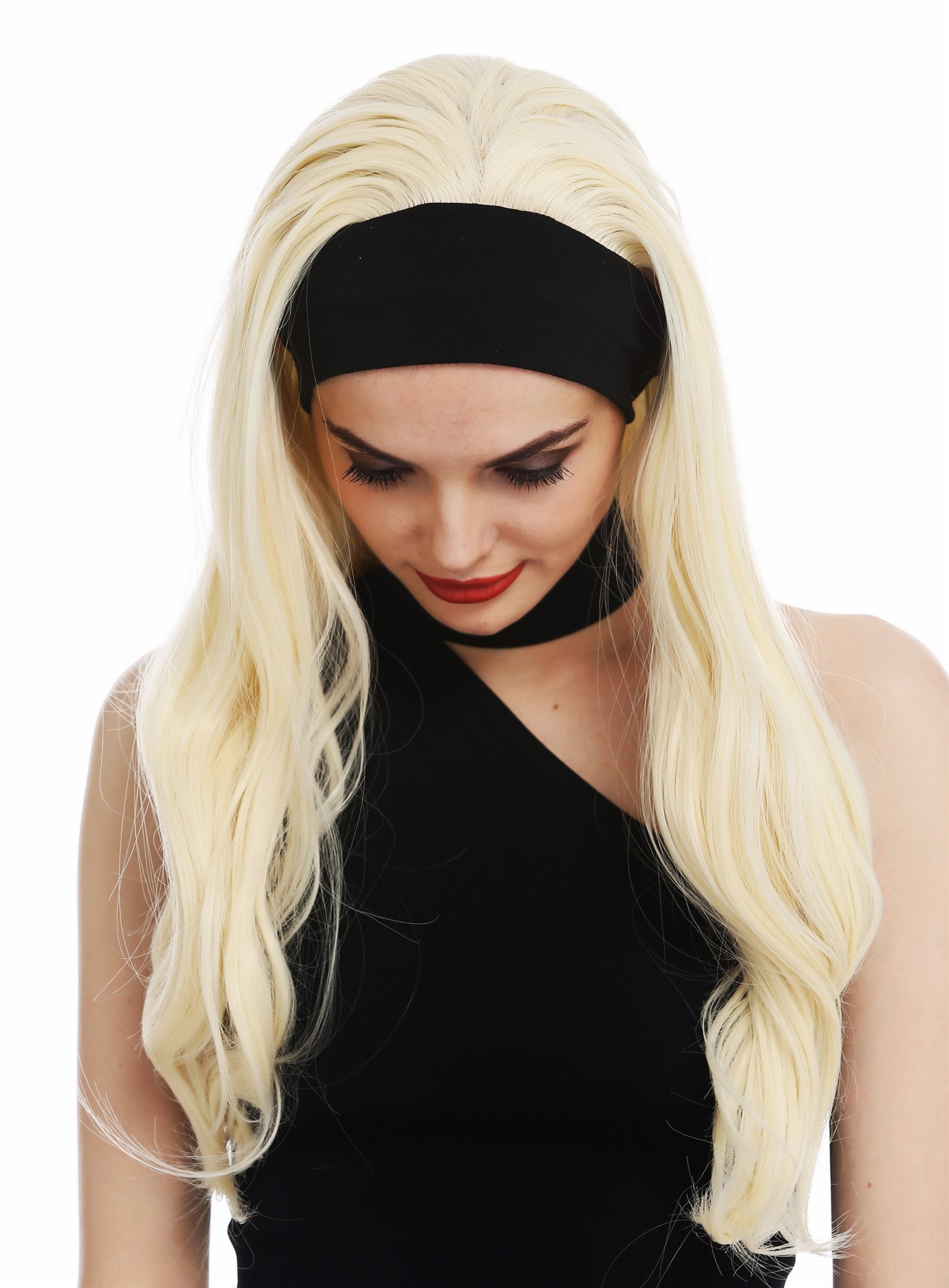 hochwertige Qualitätsperücken, Perücke Stirnband 80er lang glatt Platinblond TYL-586-613, Ansicht 5, WIG ME UP: Ihr Perücken Online Shop glatte Tressen-Perücke mit Gummizug und Stirnband Platinblond lange Haare für Damen