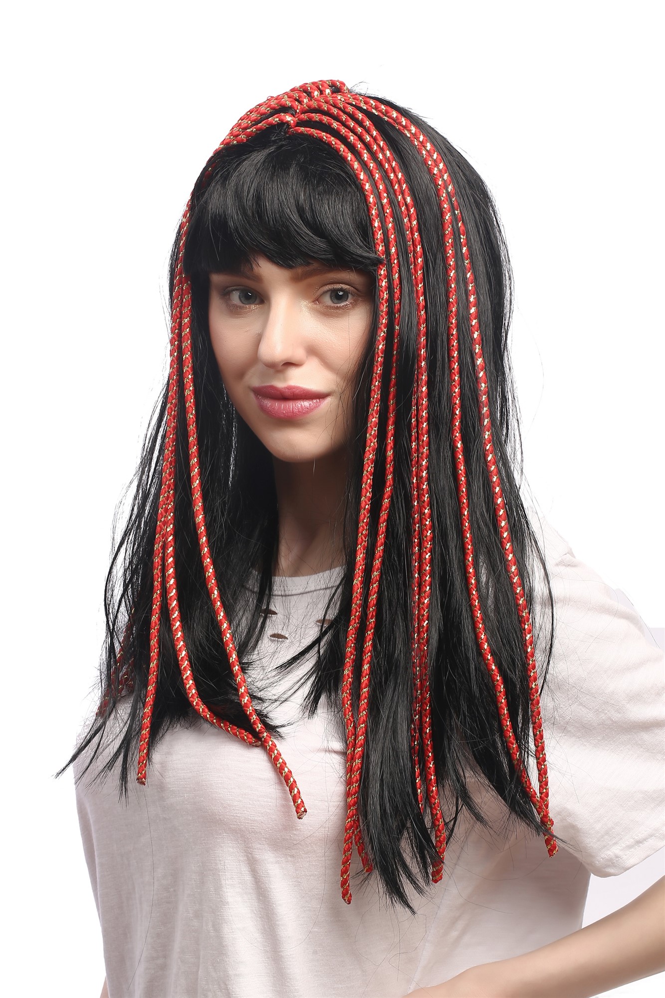 günstige Party Perücke, Perücke 1001 Nacht Hippie Schwarz Zierbänder rot-gold 60327-P103-rope, Ansicht 2, WIG ME UP: Ihr Perücken Online Shop geflochtene Party Perücke Schwarz lange Haare für Damen