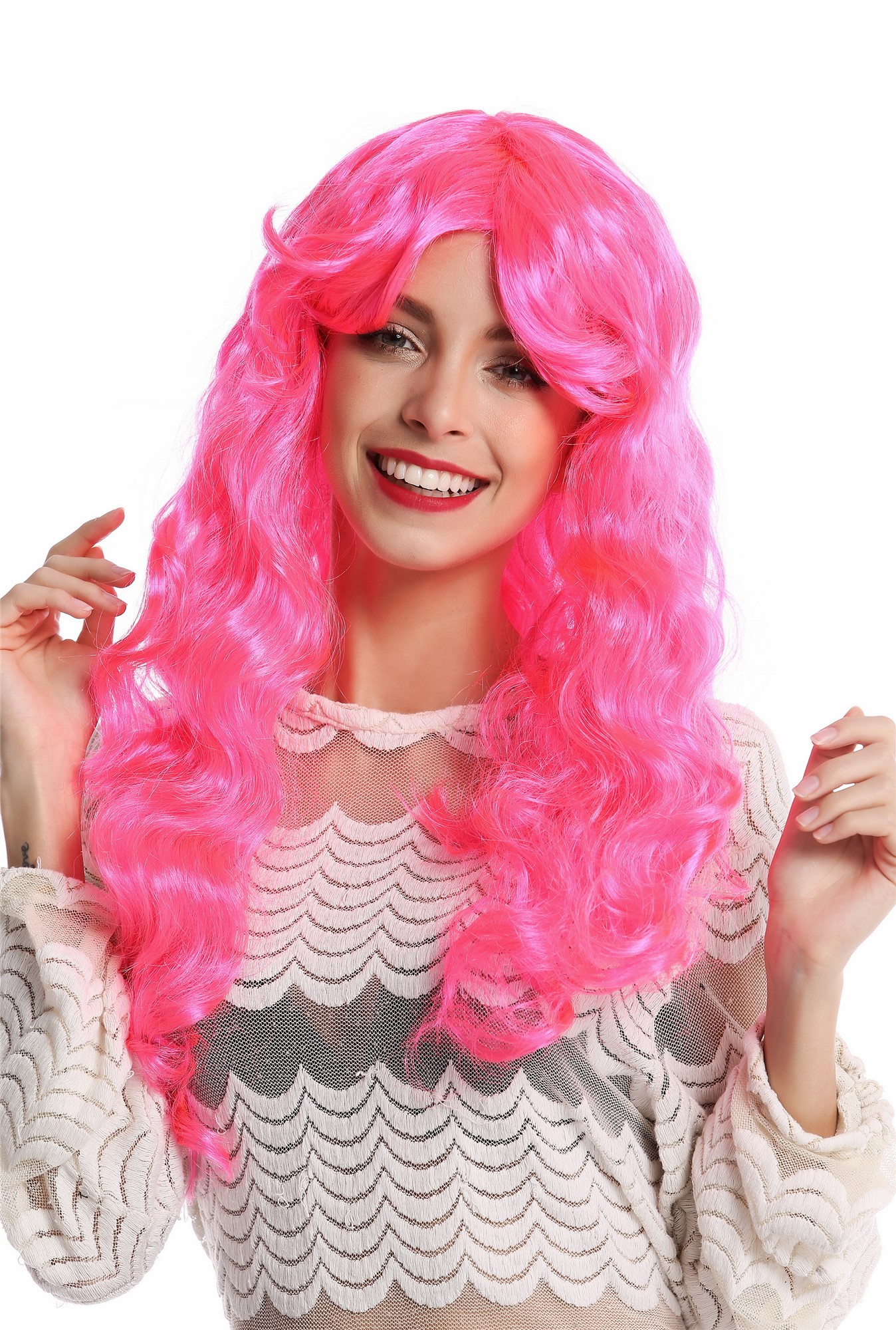 günstige Party Perücke, Perücke lang Locken Volumen pink rosa 91249-PC5, Vorderansicht, WIG ME UP: Ihr Perücken Online Shop lockige Party Perücke Rosa lange Haare für Damen