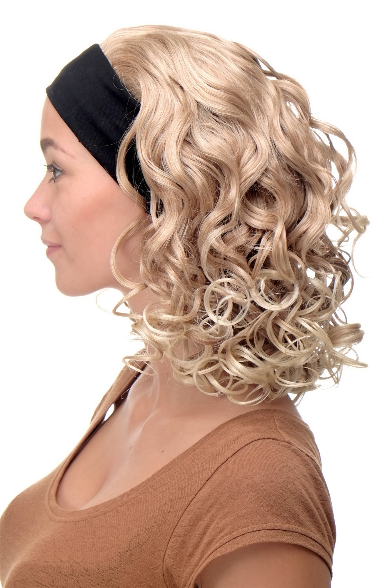 hochwertige Qualitätsperücken, Perücke Stirnband natürlicher Blond-Mix Locken Schulterlang BRO-704-27T613, Vorderansicht, WIG ME UP: Ihr Perücken Online Shop lockige Tressen-Perücke mit Stirnband Blond-Mix schulterlange Haare für Damen