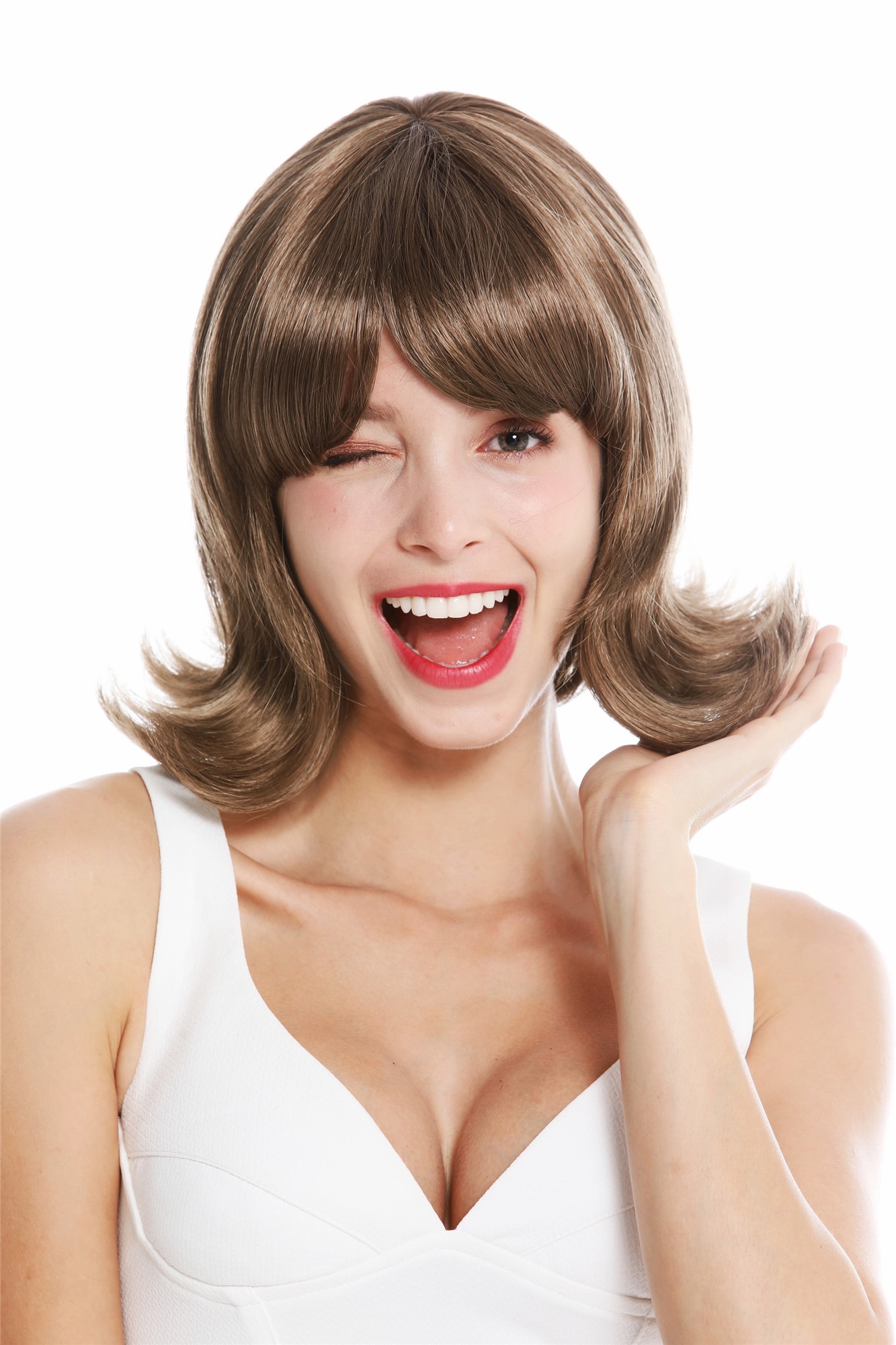 hochwertige Qualitätsperücken, Perücke kurz 50er 60er Retro Braun GFW1326-18, Vorderansicht, WIG ME UP: Ihr Perücken Online Shop glatte Tressen-Perücke mit Kopfhaut-Imitat Dunkel-Goldbraun kurze Haare für Damen