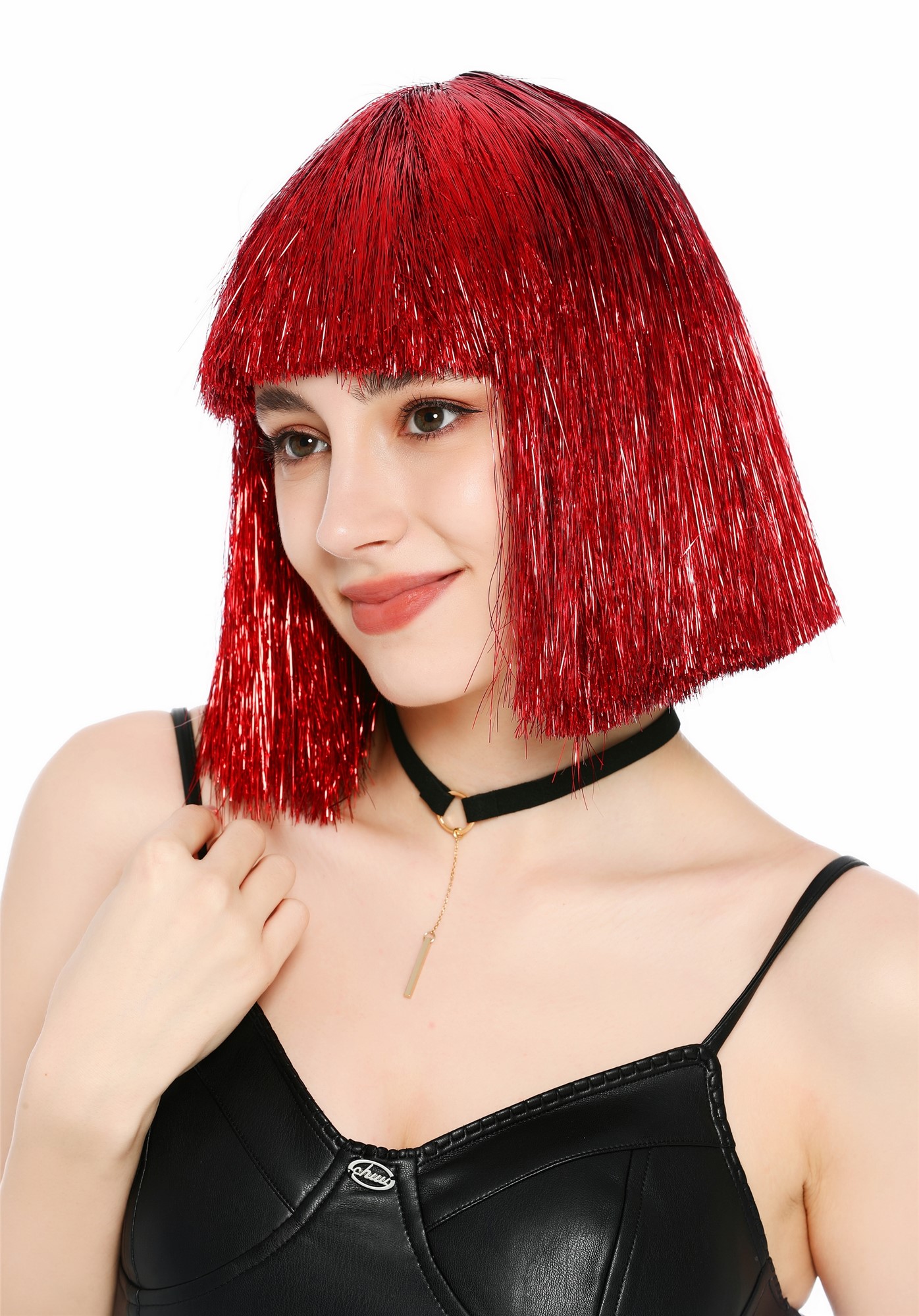 Perücke Damen Glitzer Lametta Tinsel Look Longbob Pony Disco Glam Rot VK-42-TN6