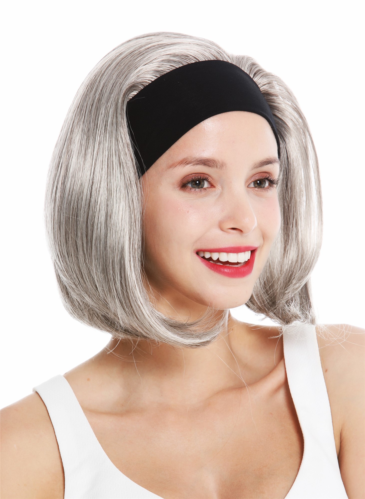 hochwertige Qualitätsperücken, Perücke Kurz Stirnband Retro Grau GFW948-H-51, Ansicht 2, WIG ME UP: Ihr Perücken Online Shop glatte Tressen-Perücke mit Gummizug und Stirnband Grau-Schwarz-Mix kurze Haare für Damen
