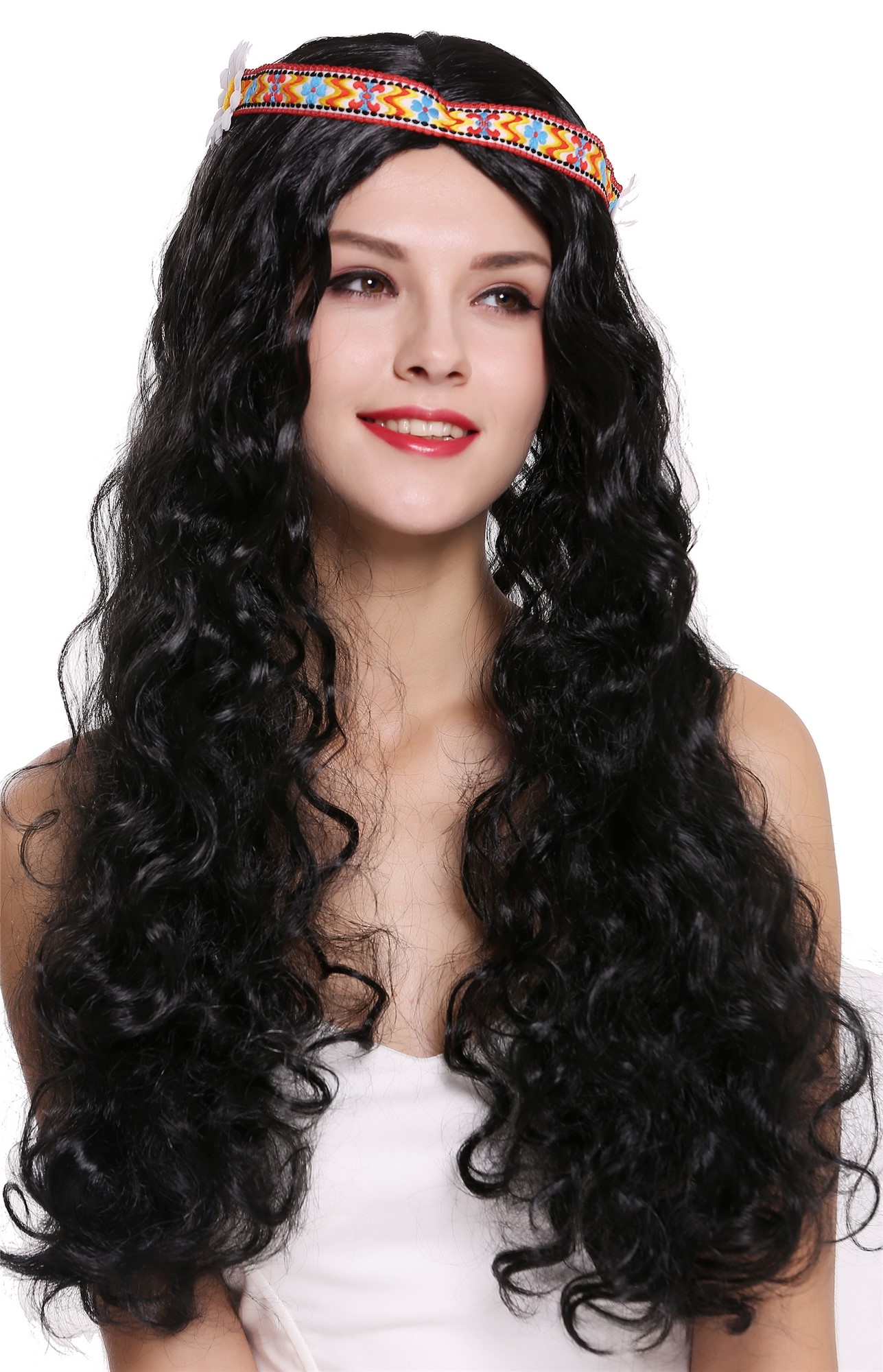 günstige Party Perücke, Perücke Stirnband Hippie lang schwarz 91298-ZA103, Ansicht 2, WIG ME UP: Ihr Perücken Online Shop wellige Party Perücke Schwarz lange Haare für Damen