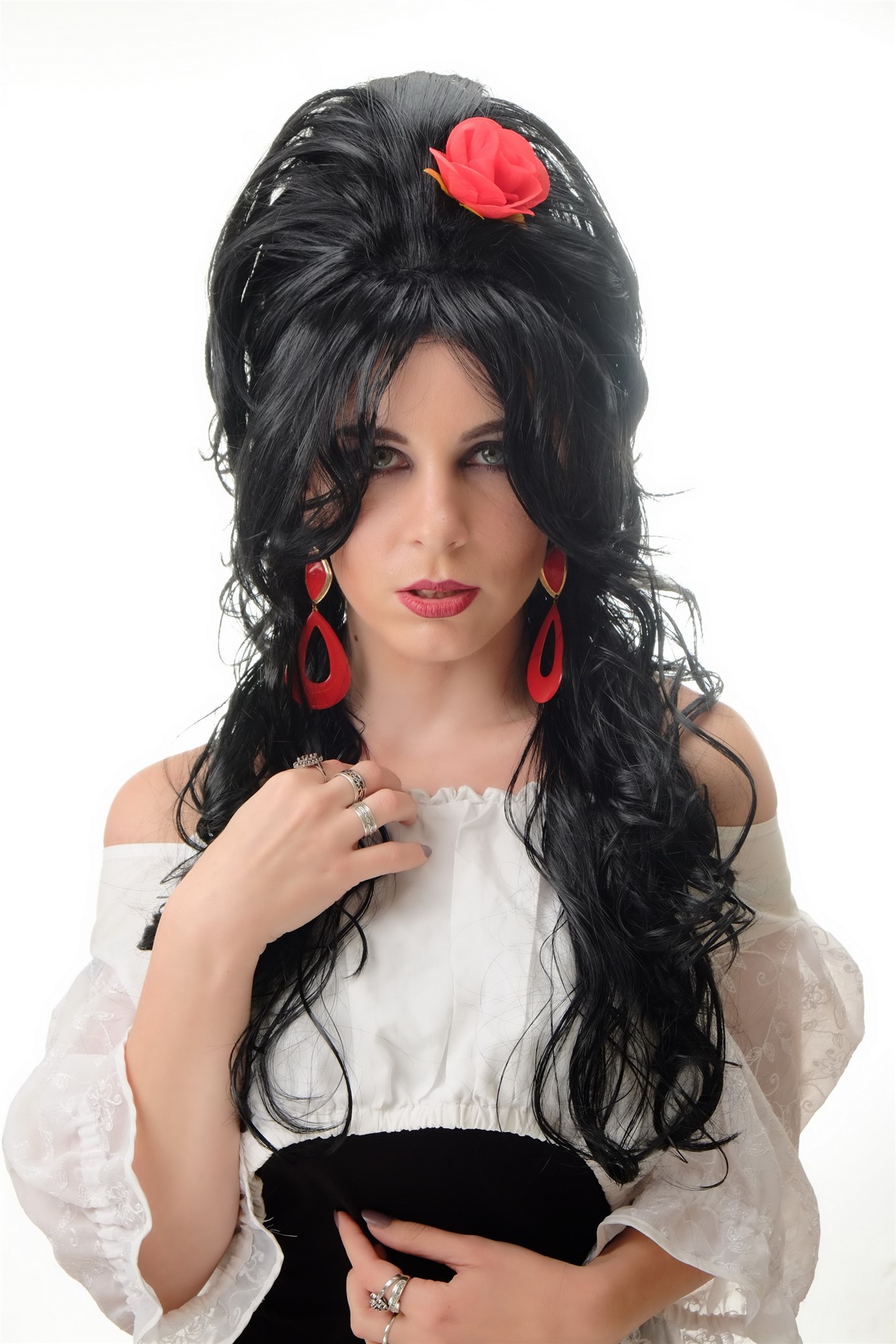 PT0025 Lady Party Wig Halloween Carnival elaborate huge black Beehive Bun Carmen Senorita Gypsy Countess Vampire Red Rose long curls, front view, WIG ME UP: Your Perücken Online Shop Party Wig, Ladies, Black, curled, long