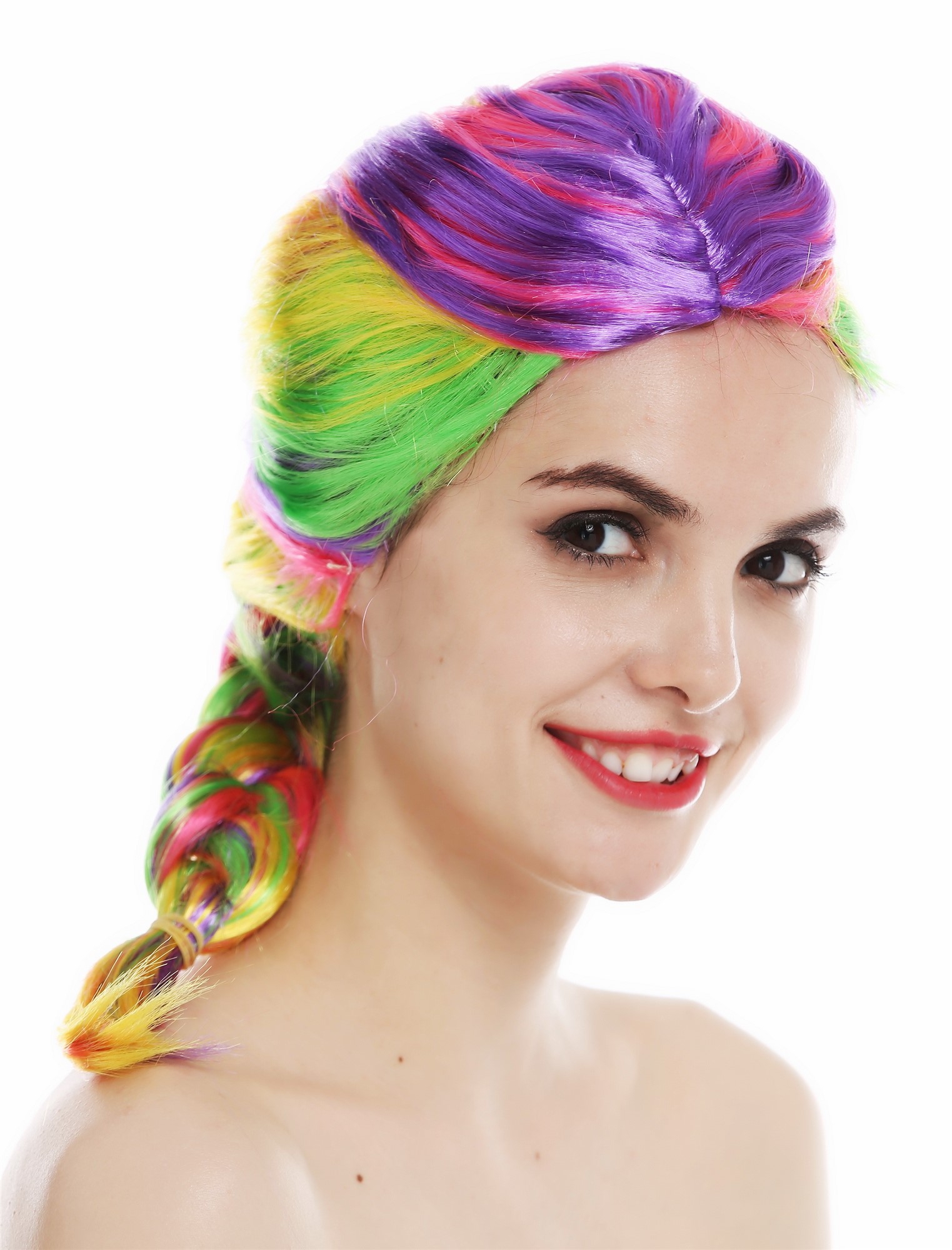 Women's wig lady carnival rainbow coloured colourful braids plaited long 31946, front view, WIG ME UP: Your Perücken Online Shop Party Wig, Ladies, purple, pink, yellow, green, Braided, shoulder-length