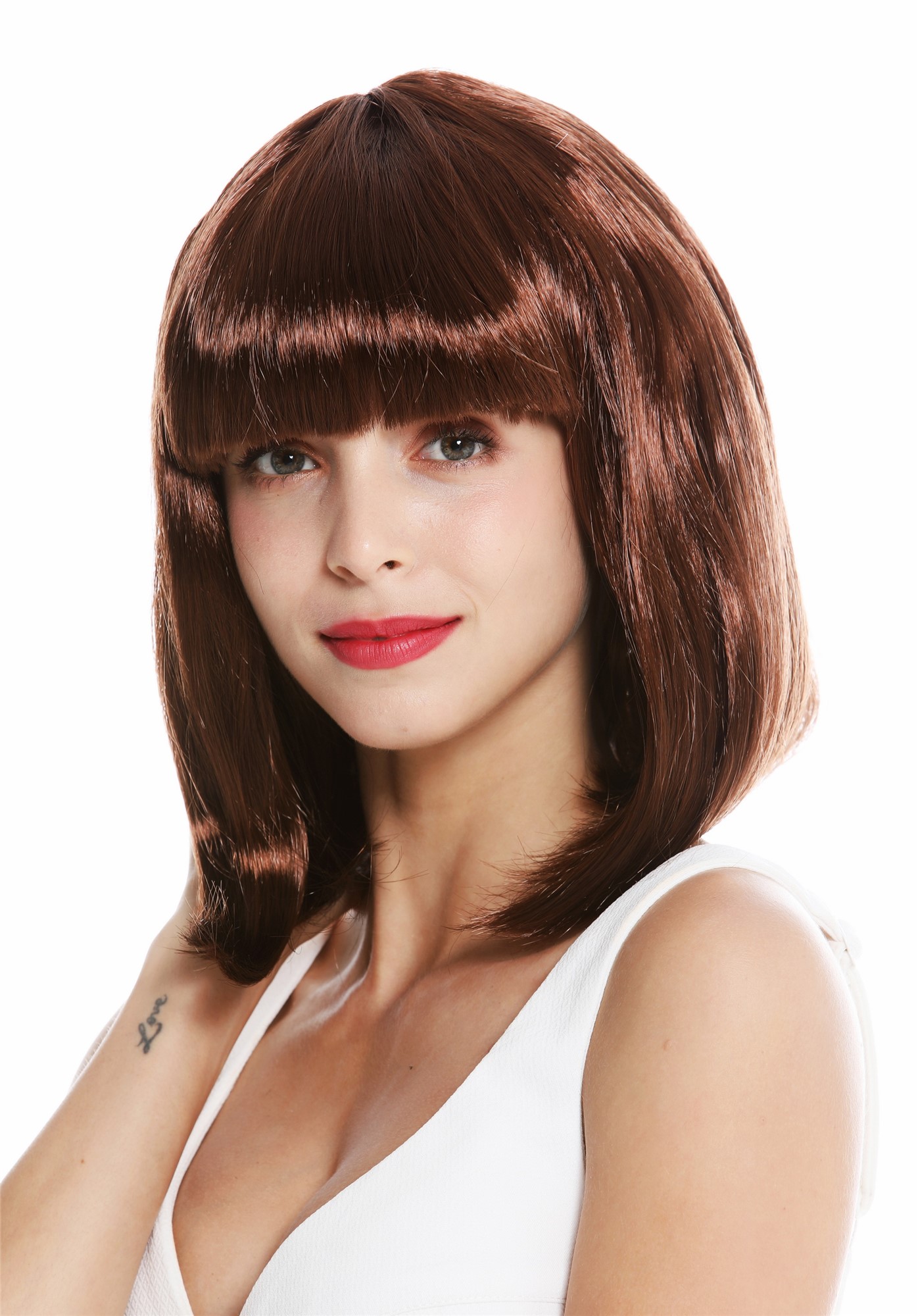 Lady Wig Halloween Disco bob longbob shoulder length bangs rust brown 0073, view 3, WIG ME UP: Your Perücken Online Shop Party Wig, Ladies, mahogany brown, wavy, shoulder-length