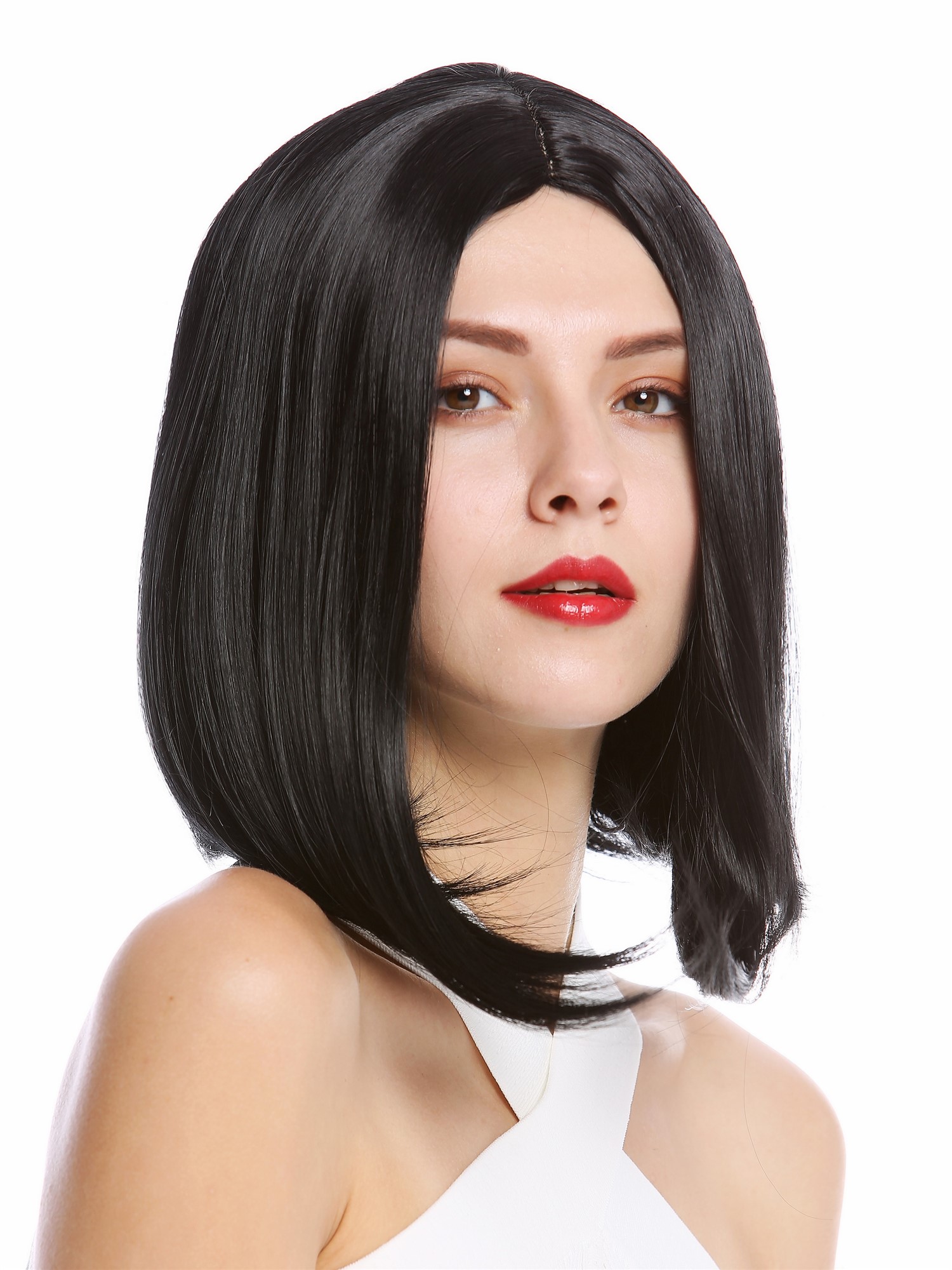 hochwertige Qualitätsperücken, Perücke Longbob Mittelscheitel Schwarz YZF-4356-1, Vorderansicht, WIG ME UP: Ihr Perücken Online Shop glatte Tressen-Perücke Schwarz kurze Haare für Damen