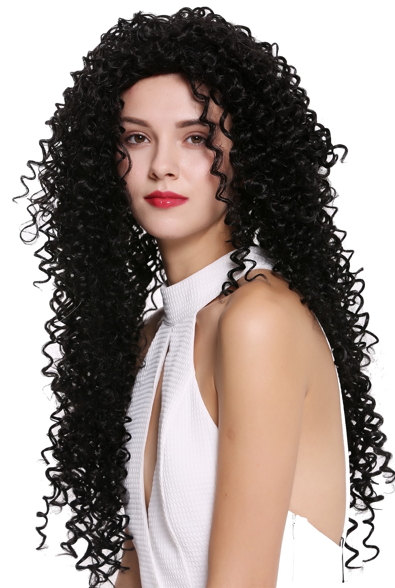 hochwertige Qualitätsperücken, Perücke Lang Locken Afro Schwarz DW2315-1B, Vorderansicht, WIG ME UP: Ihr Perücken Online Shop lockige Tressen-Perücke Samtschwarz sehr lange Haare für Damen