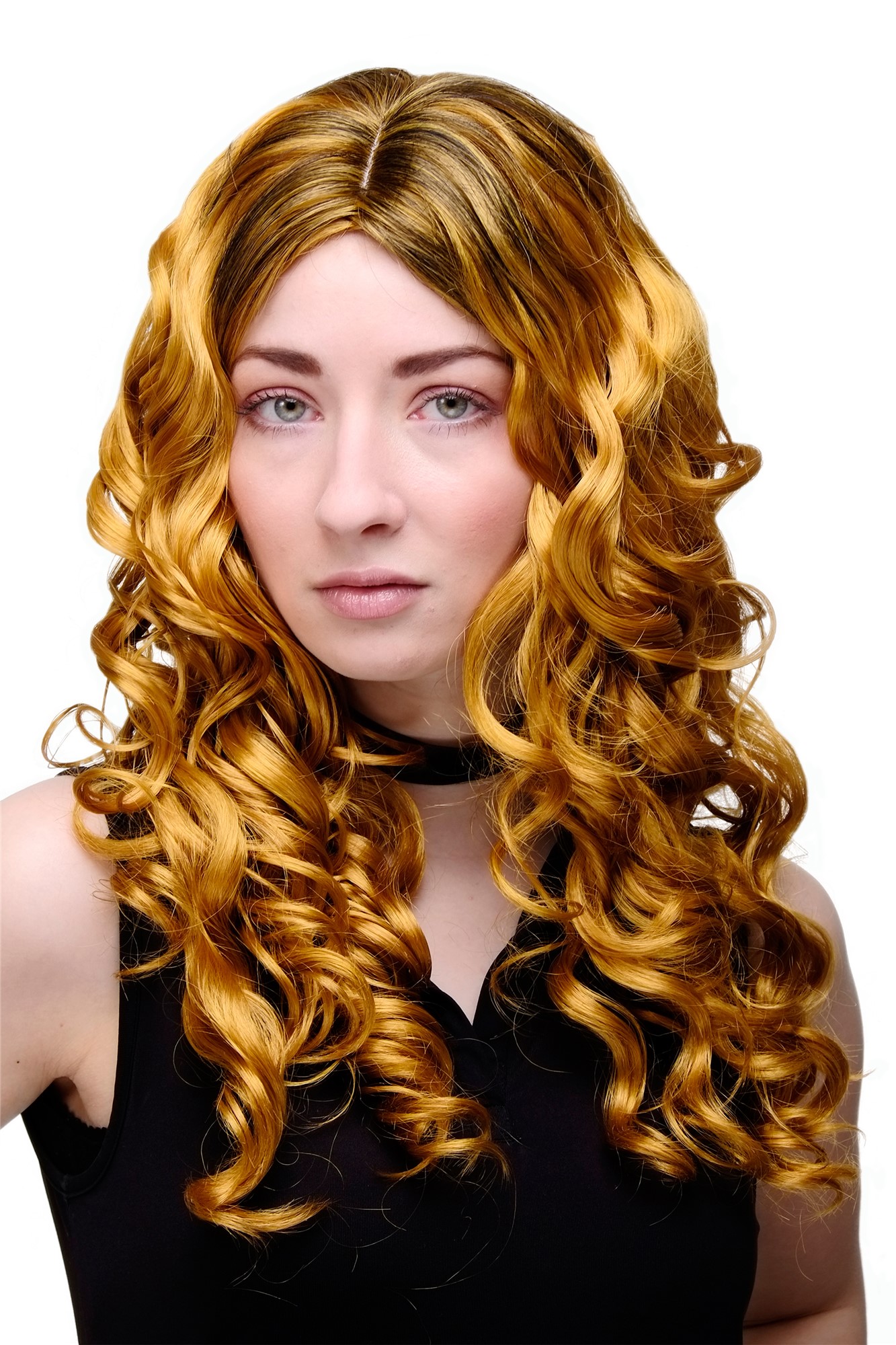 hochwertige Qualitätsperücken, Perücke Gold Schwarz Locken GFW1682-144+1, Vorderansicht, WIG ME UP: Ihr Perücken Online Shop lockige Tressen-Perücke mit Kopfhaut-Imitat Schwarz + Gold-Bronze lange Haare für Damen