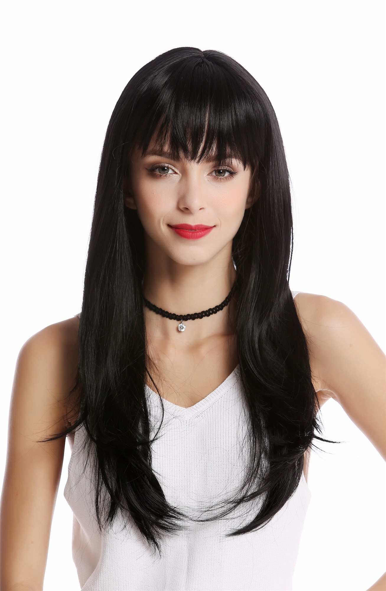 GF-W2274-1 Lady  Wig black long straight sexy bangs, front view, WIG ME UP: Your Perücken Online Shop Quality Wigs, Ladies, Black, straight, long