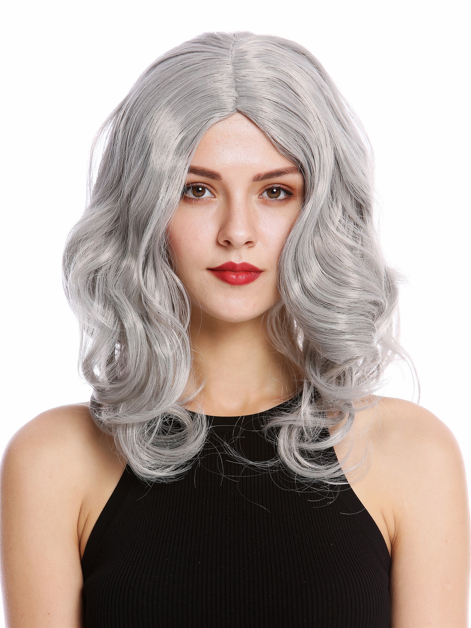 Lady party wig long wavy middle-parting light silvery gray grey Halloween 90831, view 2, WIG ME UP: Your Perücken Online Shop Party Wig, Ladies, Grey, wavy, long