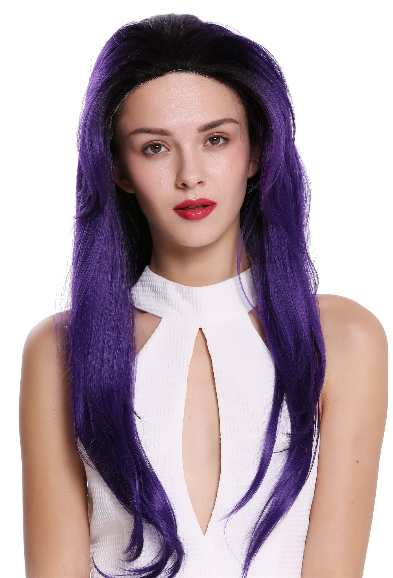 hochwertige Qualitätsperücken, Perücke Lace Front Monofilament Lang Ombre Schwarz Lila 81382, Vorderansicht, WIG ME UP: Ihr Perücken Online Shop glatte Tressen-Perücke mit Teil-Mono Oberkopf, Front-Lace und als Befestigung mit Klebeflächen Dunkellila-Samtschwarz-Mix sehr lange Haare für Damen