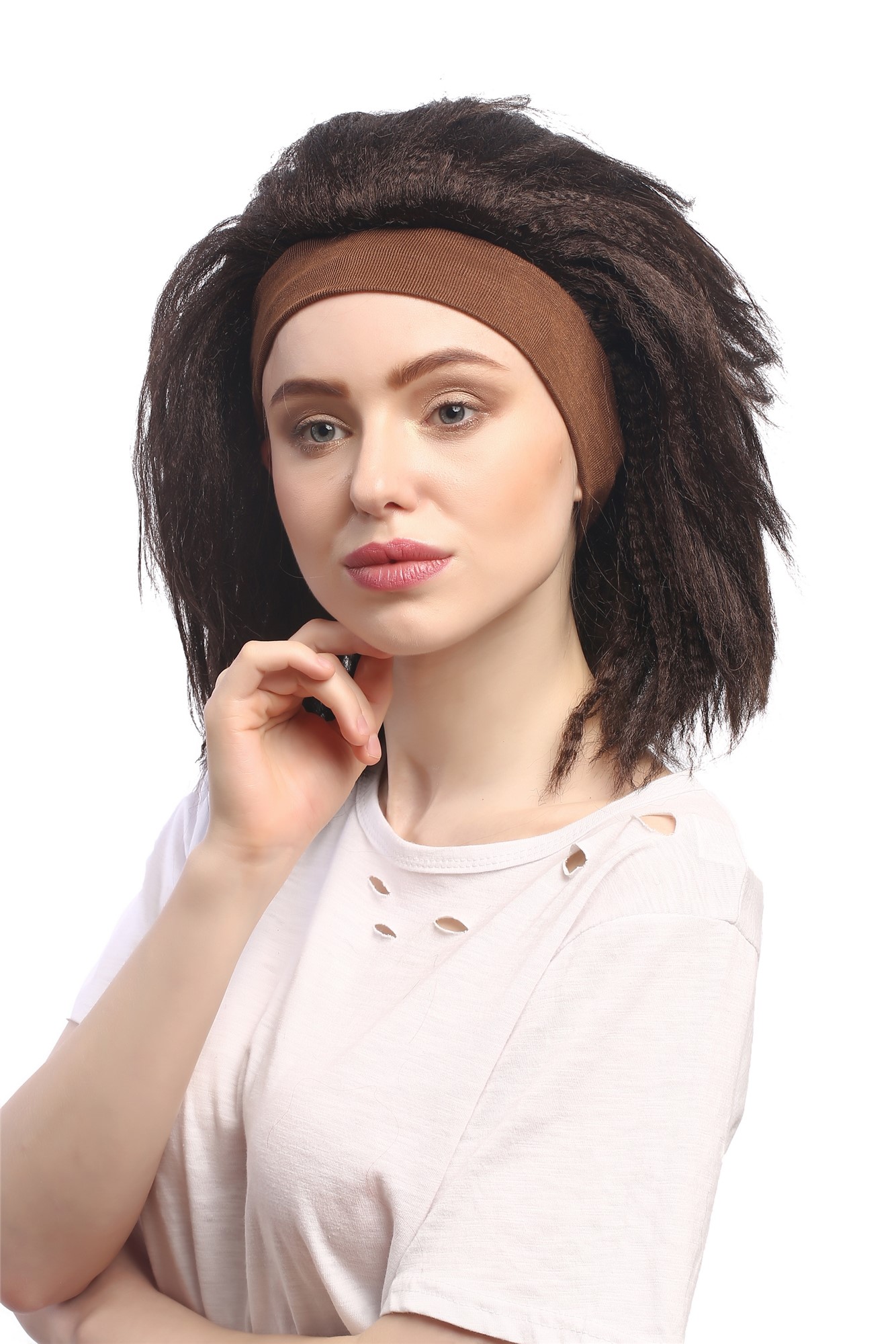 günstige Party Perücke, Perücke Latina Stirnband Schwarz Braun Gekreppt 91178-ZA2, Ansicht 2, WIG ME UP: Ihr Perücken Online Shop wellige Party Perücke Braun schulterlange Haare Unisex