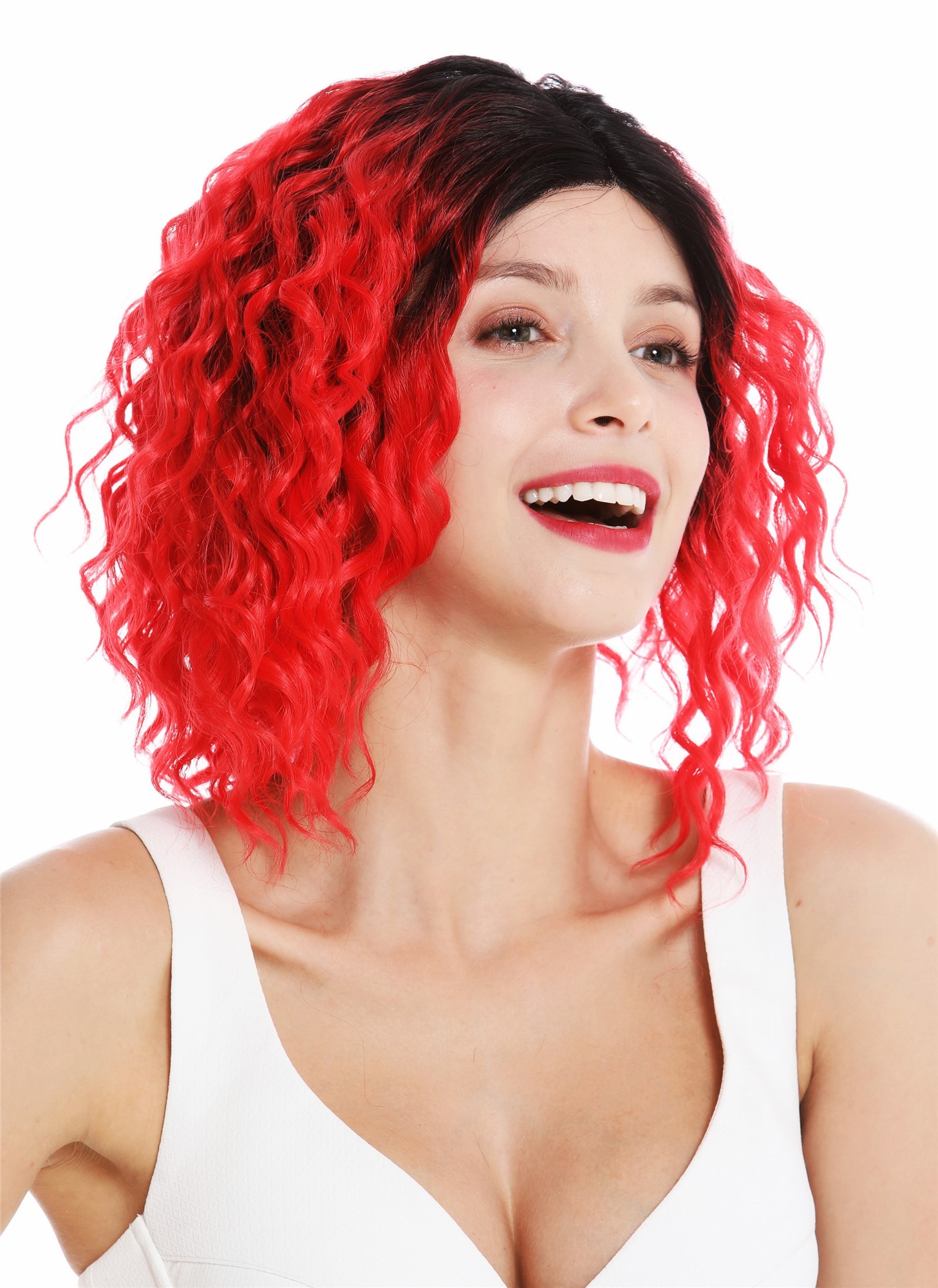 Monofilament lace front lady wig shoulder short curled ombre black red VK-15-MF, view 2, WIG ME UP: Your Perücken Online Shop Quality Wigs, Ladies, red-black mix, curled, shoulder-length