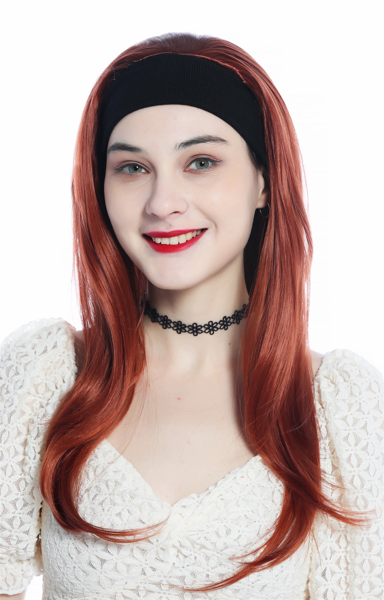 hochwertige Qualitätsperücken, Perücke Halbperücke Stirnband lang glatt dunkles Rot Kupferrot H9306-350, Vorderansicht, WIG ME UP: Ihr Perücken Online Shop glatte Tressen-Perücke mit Stirnband Kupferrot lange Haare für Damen