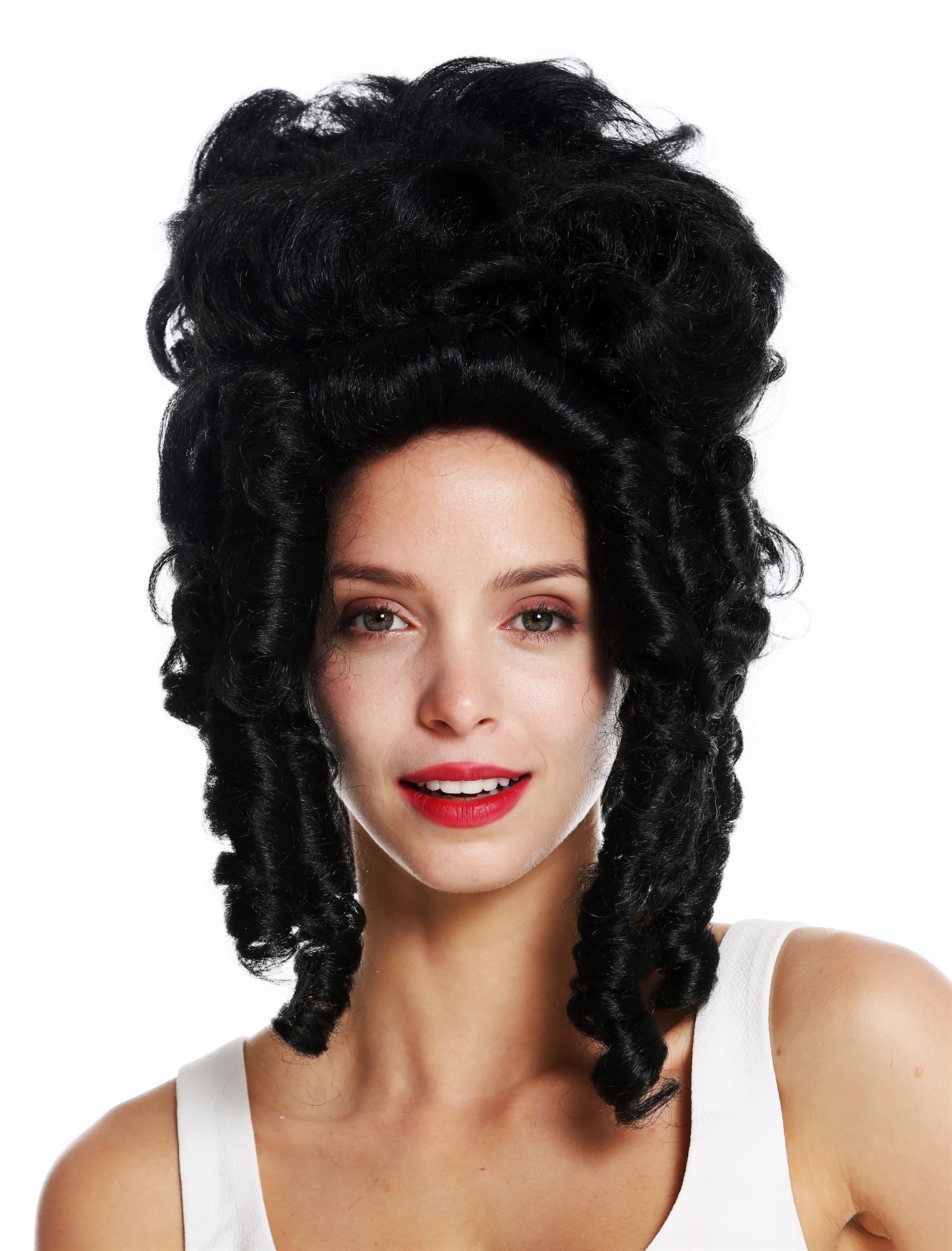 hochwertige Qualitätsperücken, Perücke Barock Pompadour Gräfin Schwarz VK-38-1B, Ansicht 2, WIG ME UP: Ihr Perücken Online Shop lockige Tressen-Perücke Samtschwarz schulterlange Haare für Damen