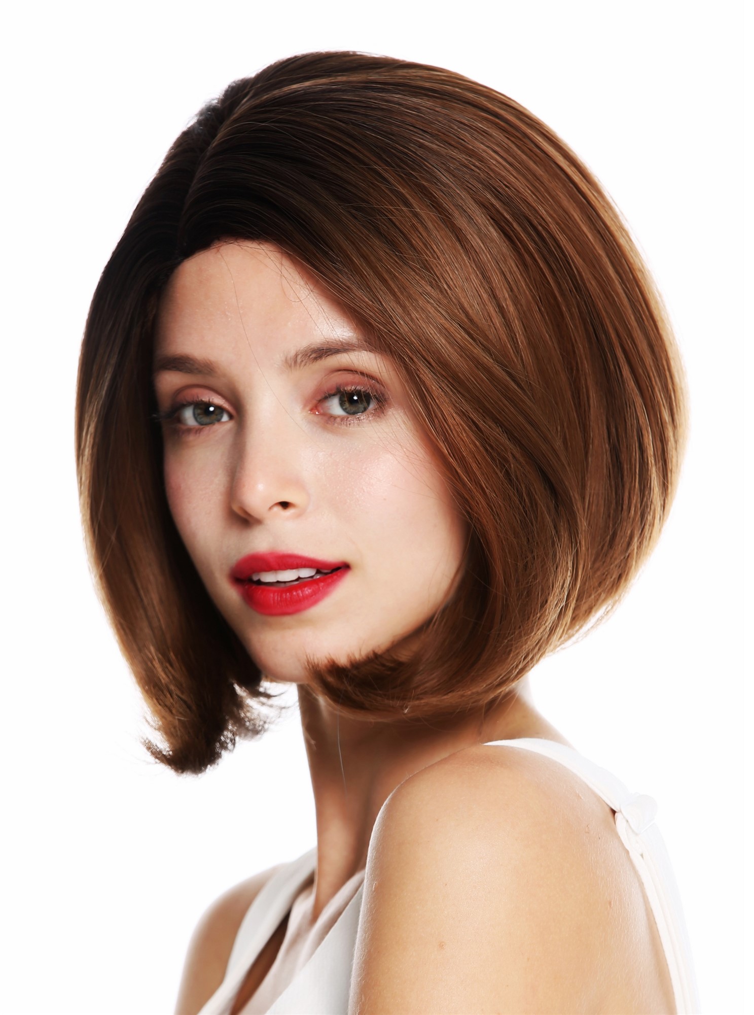 Lady wig bob sleek waved tips parting reddish brown blonde highlights SS132, front view, WIG ME UP: Your Perücken Online Shop Quality Wigs, Ladies, brown-blonde mix, straight, short