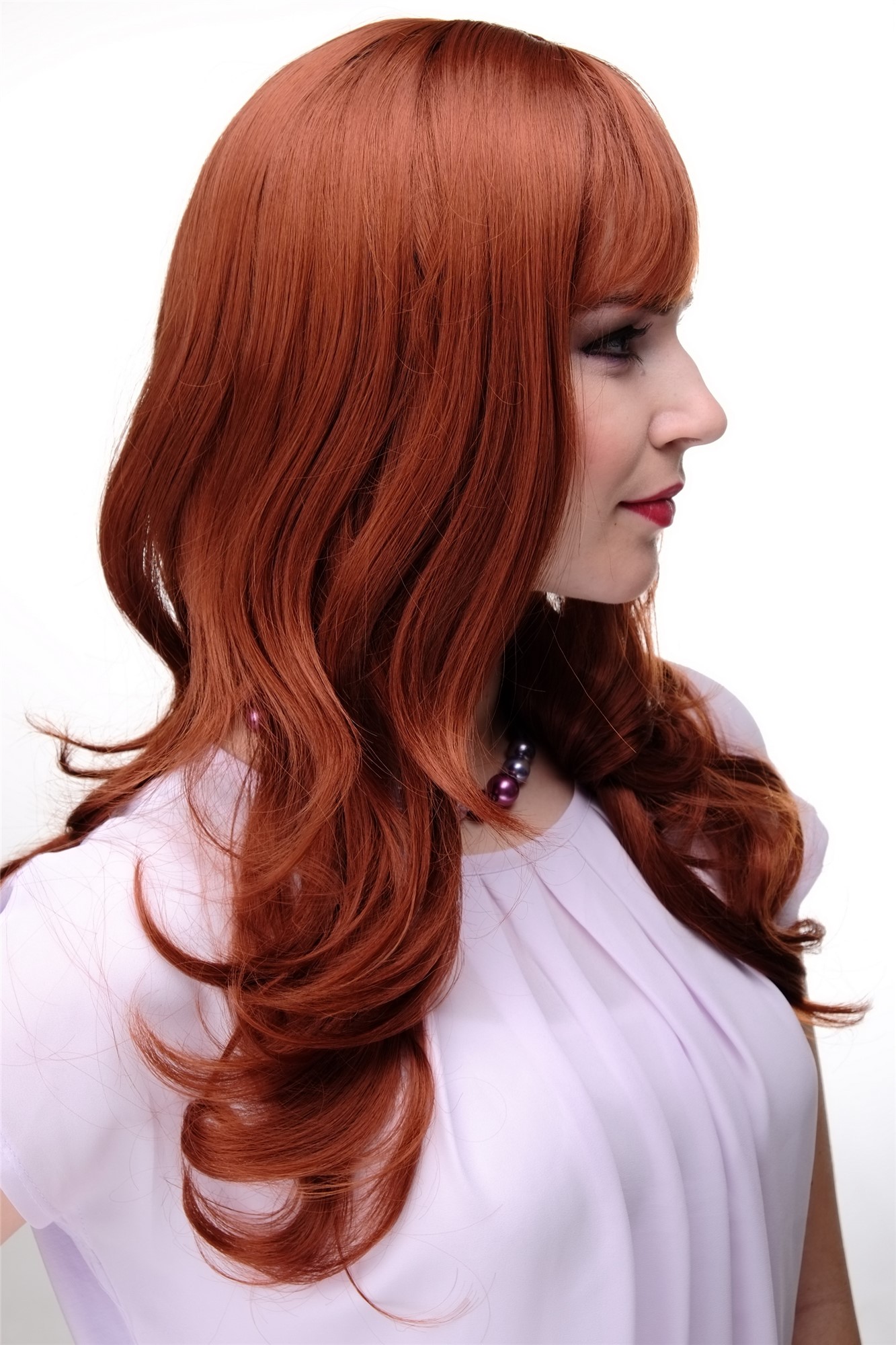 hochwertige Qualitätsperücken, Elegante Damen Perücke lange lockige Haare Pony Rot Kupferrot 3001-130, Ansicht 3, WIG ME UP: Ihr Perücken Online Shop wellige Tressen-Perücke mit Kopfhaut-Imitat Kupferrot lange Haare für Damen