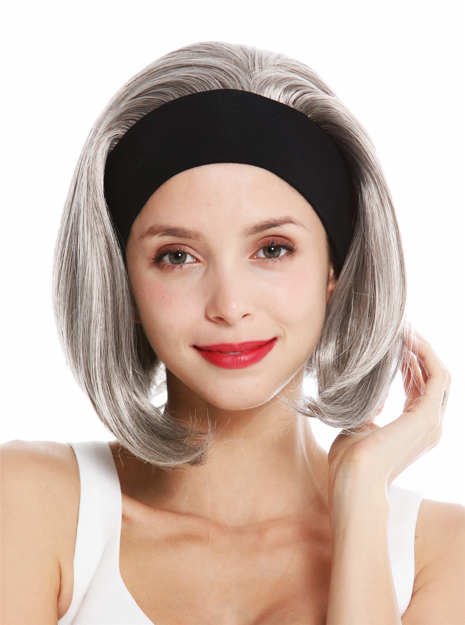 glatte Tressen-Perücke mit Gummizug und Stirnband Grau-Schwarz-Mix kurze Haare für Damen