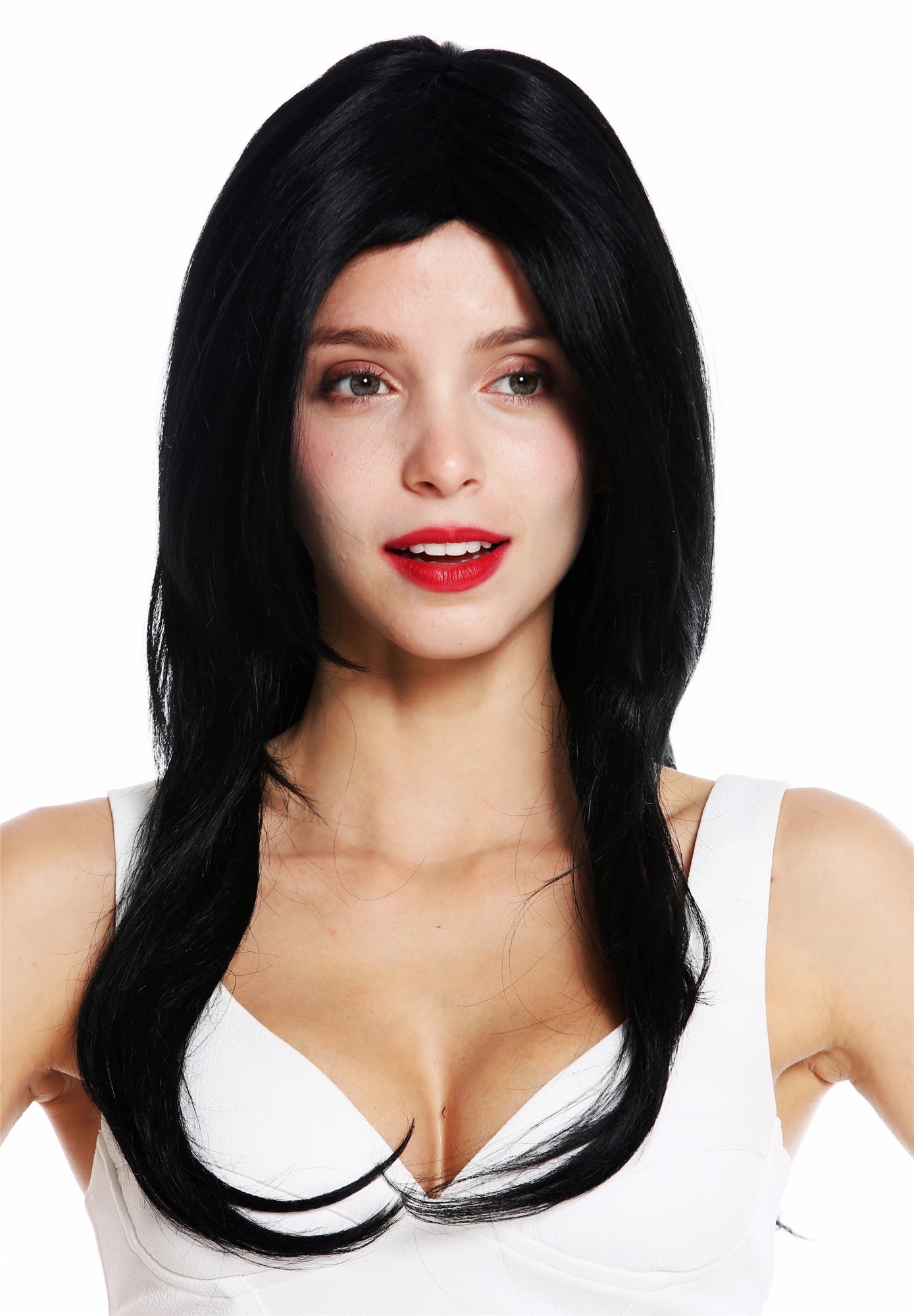 Women's wig lady wig long slightly wavy waved very voluminous black VK-37, front view, WIG ME UP: Your Perücken Online Shop Quality Wigs, Ladies, Black, wavy, long