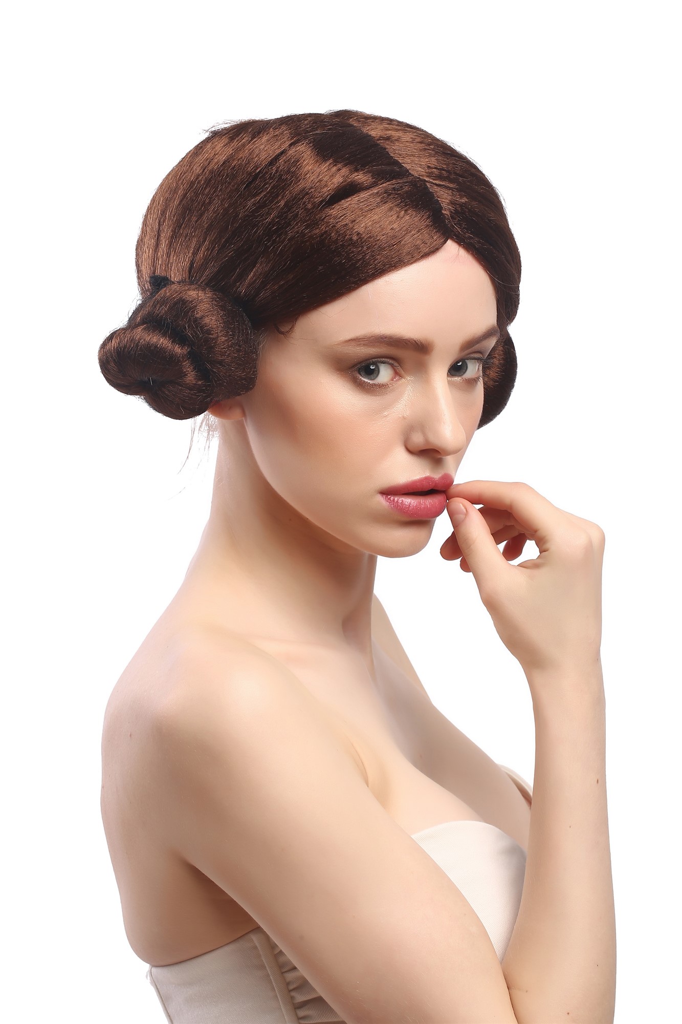 Lady Party Wig Fancy Dress traditional East Europe hairdo 2 hairbuns on side brown, view 4, WIG ME UP: Your Perücken Online Shop Party Wig, Ladies, Brown, straight, short