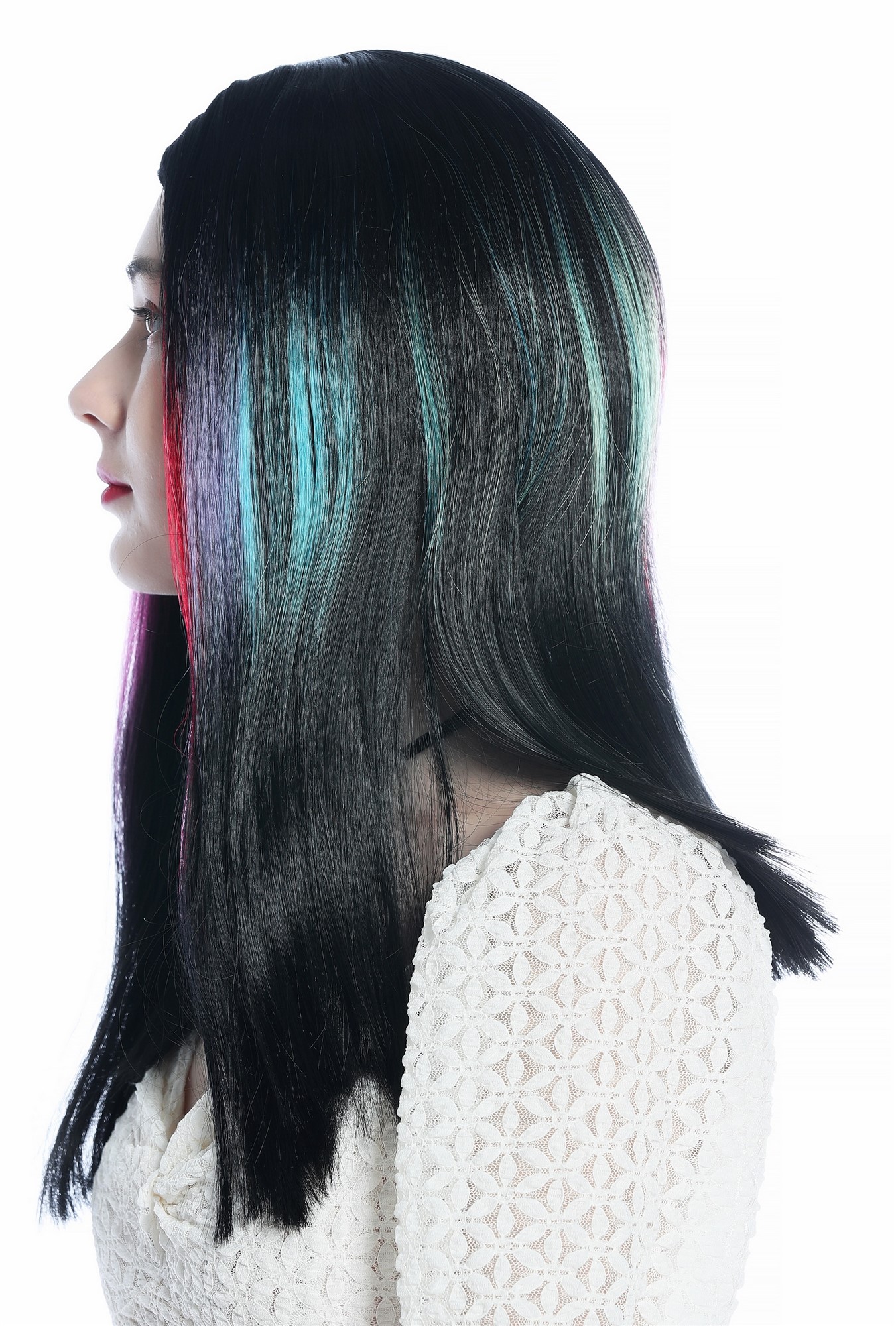 hochwertige Qualitätsperücken, Perücke lang glatt Mittelscheitel Schwarz bunte Strähnen DW3314A-YP1B/1137, Ansicht 4, WIG ME UP: Ihr Perücken Online Shop glatte Tressen-Perücke mit Kopfhaut-Imitat Schwarz mit regenbogenfarbenen Strähnen schulterlange Haare für Damen