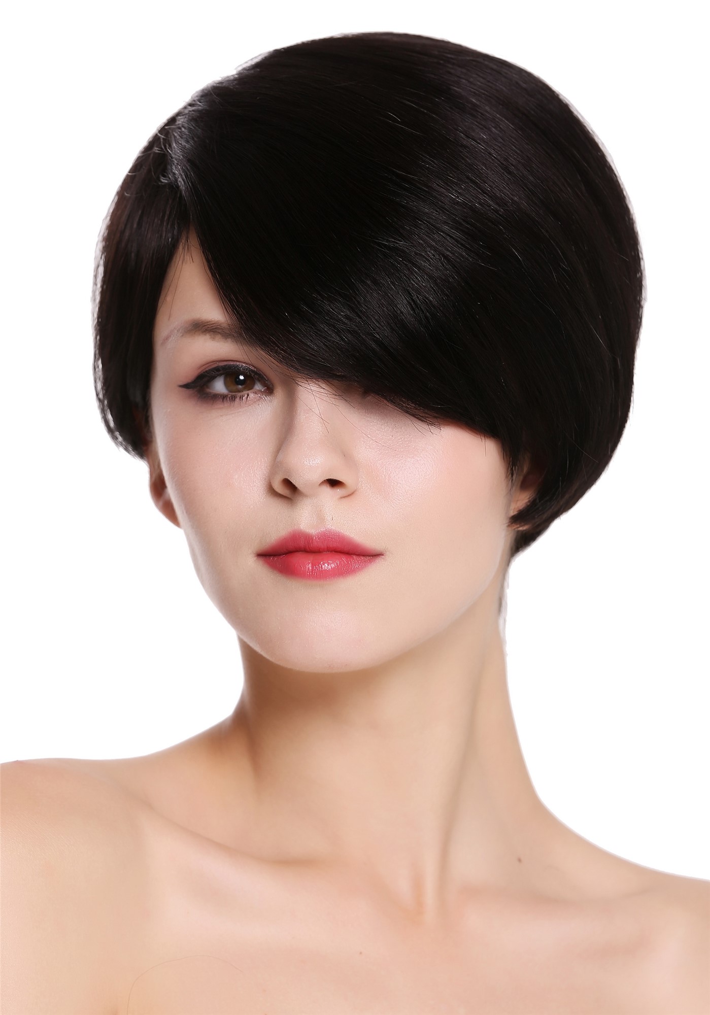 hochwertige Qualitätsperücken, Echthaar Perücke Scheitel kurz Schwarz RGH-5334-HH-1B, Vorderansicht, WIG ME UP: Ihr Perücken Online Shop glatte Tressen-Perücke 100% Echthaar Samtschwarz kurze Haare für Damen