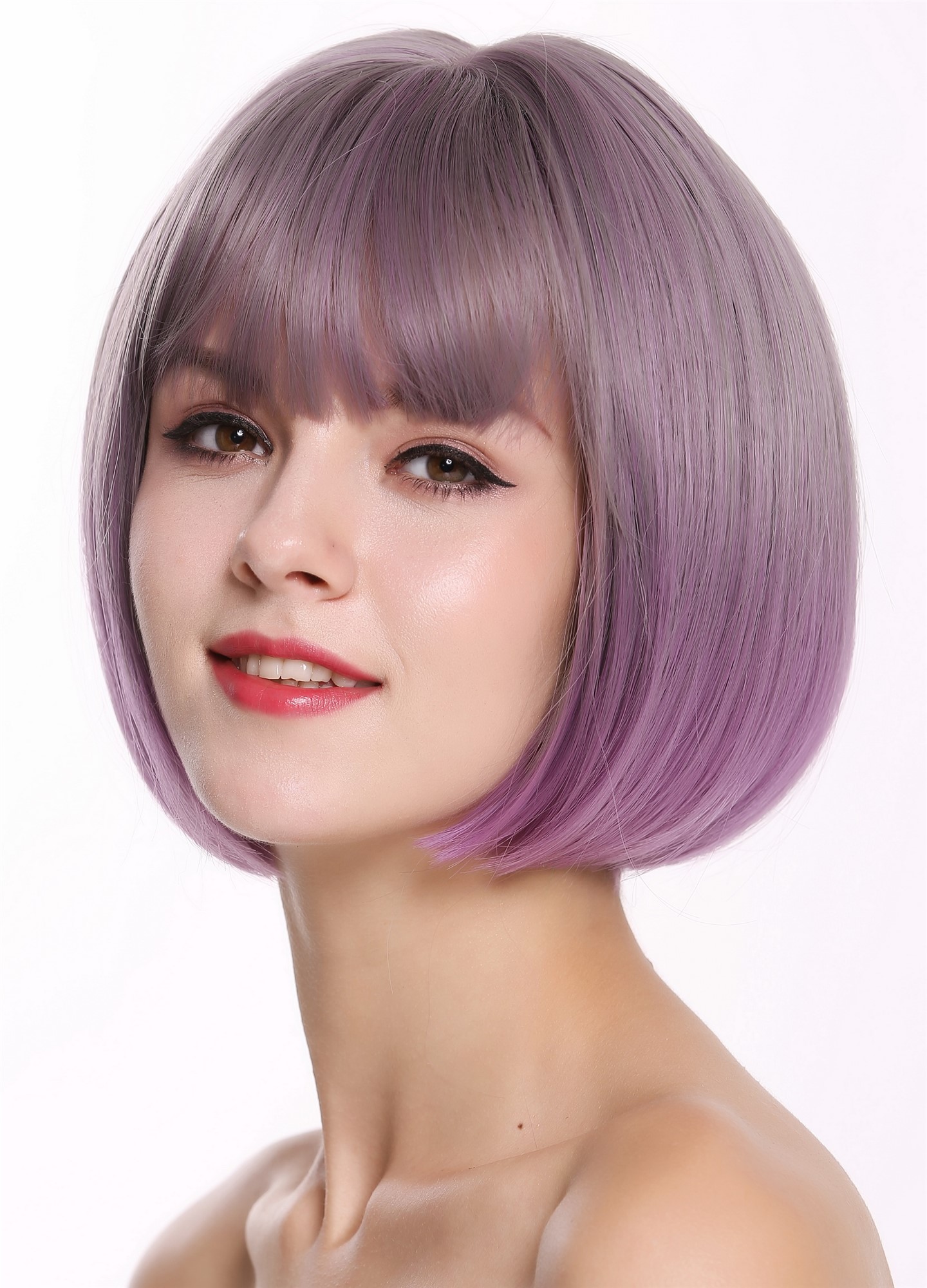 hochwertige Qualitätsperücken, Perücke kurz Bob Pony Grau Lila Violett H1808-10AT366, Ansicht 3, WIG ME UP: Ihr Perücken Online Shop glatte Tressen-Perücke mit Kopfhaut-Imitat Aschgrau-Indigoviolett-Mix kurze Haare für Damen