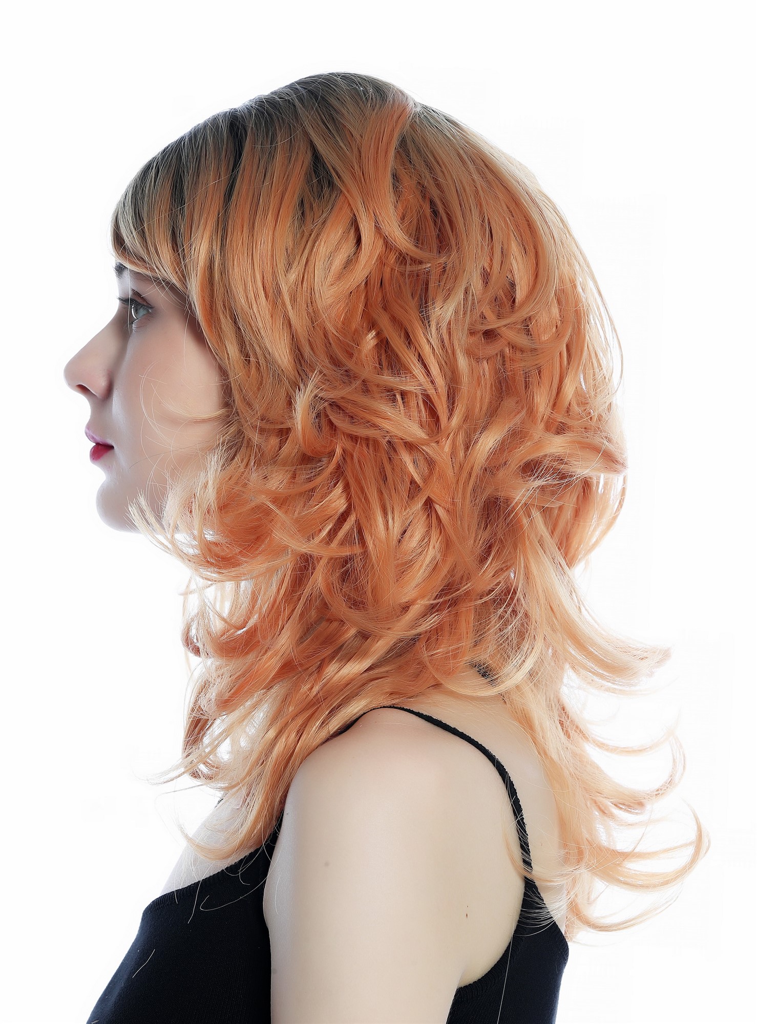 hochwertige Qualitätsperücken, Perücke wild struppig gewellt gelockt schulterlang Ombre Schwarz Kupferblond SZL0673-T-010, Ansicht 3, WIG ME UP: Ihr Perücken Online Shop lockige Tressen-Perücke mit Kopfhaut-Imitat Schwarz-Kupferblond-Verlauf lange Haare für Damen