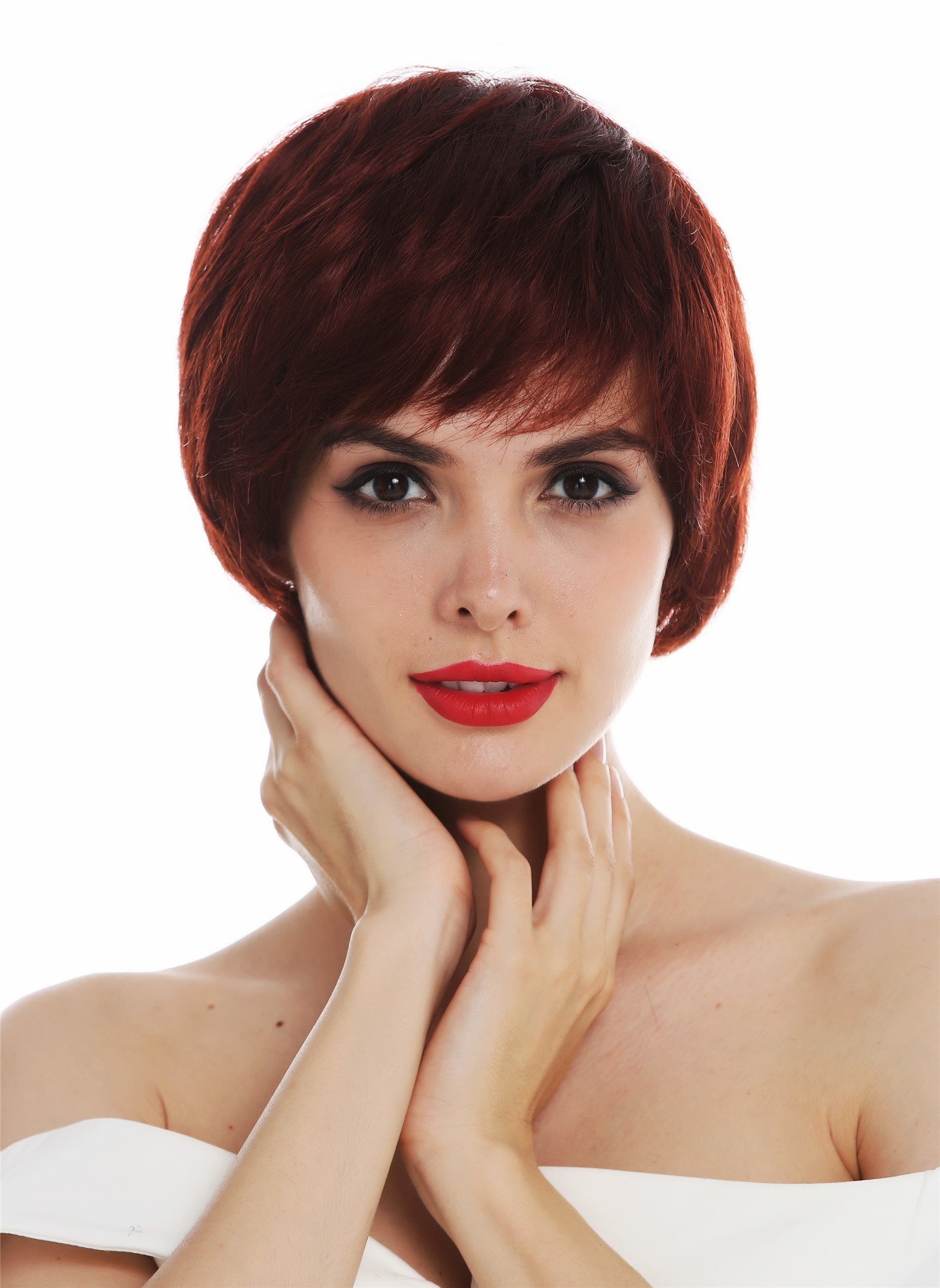 hochwertige Qualitätsperücken, Perücke Voll Mono handgeknüpft Pixie Bubikopf Rot Rotbraun DW-1682-FHT-131, Vorderansicht, WIG ME UP: Ihr Perücken Online Shop glatte Tressen-Perücke Rotbraun kurze Haare für Unisex