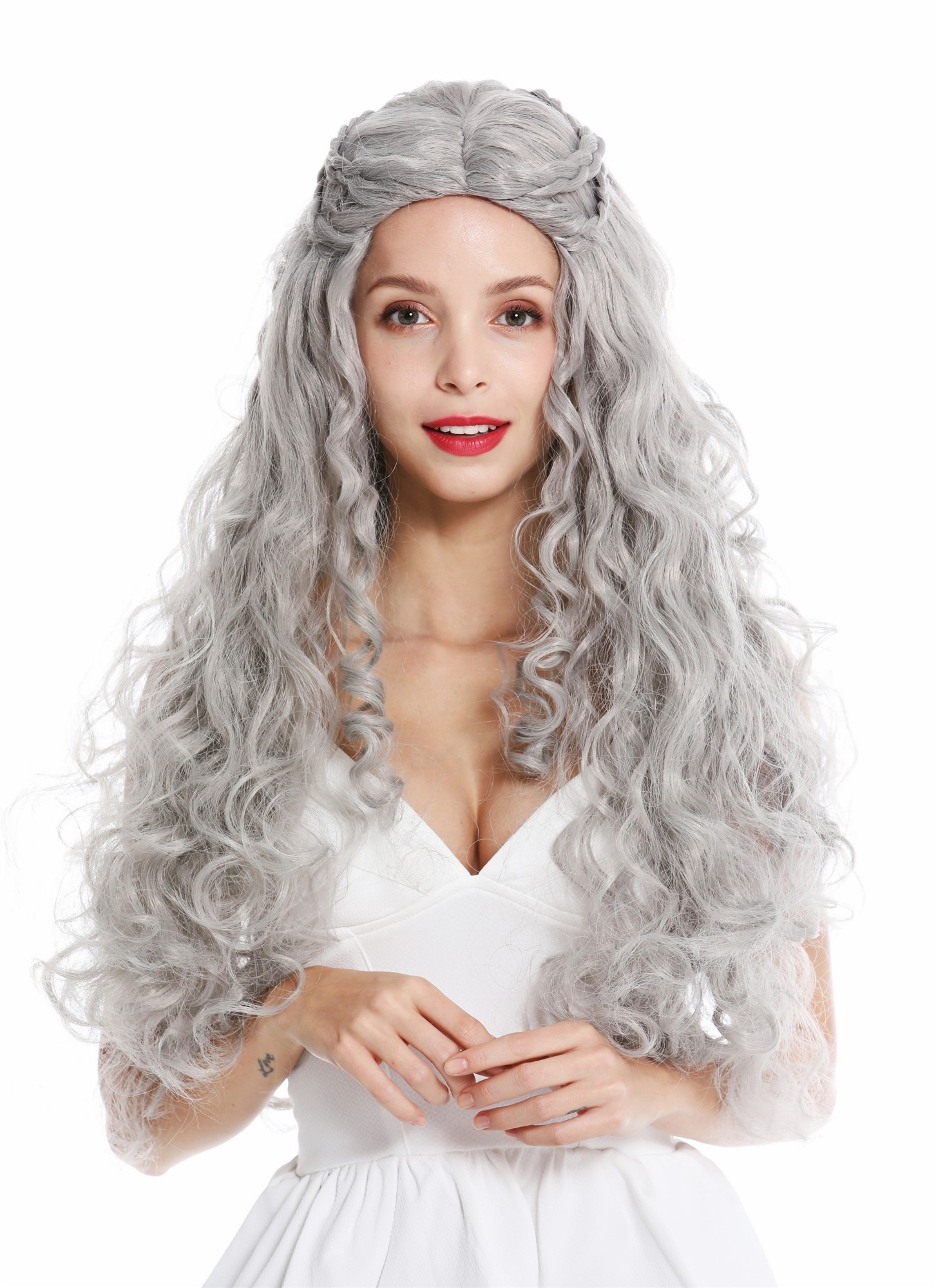 günstige Party Perücke, Perücke Geflochten Lang Mittelscheitel Grau Hippie 91323-ZA68E, Vorderansicht, WIG ME UP: Ihr Perücken Online Shop geflochtene Party Perücke Mattgrau lange Haare Unisex